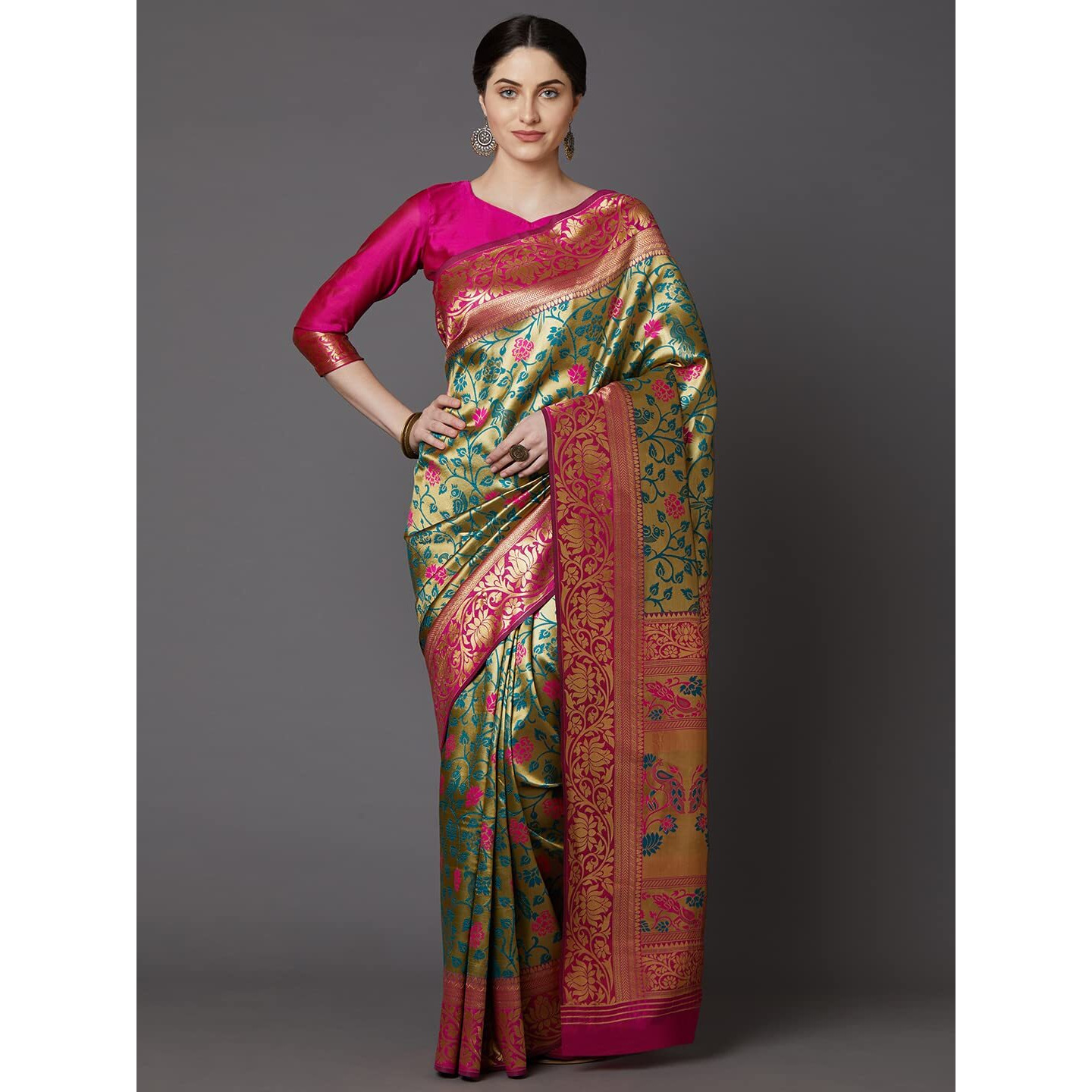 AKHILAM Womens banarasi Silk Woven Design Saree With Unstitched Blouse Piece (Pink & Green_VPRWT7405)