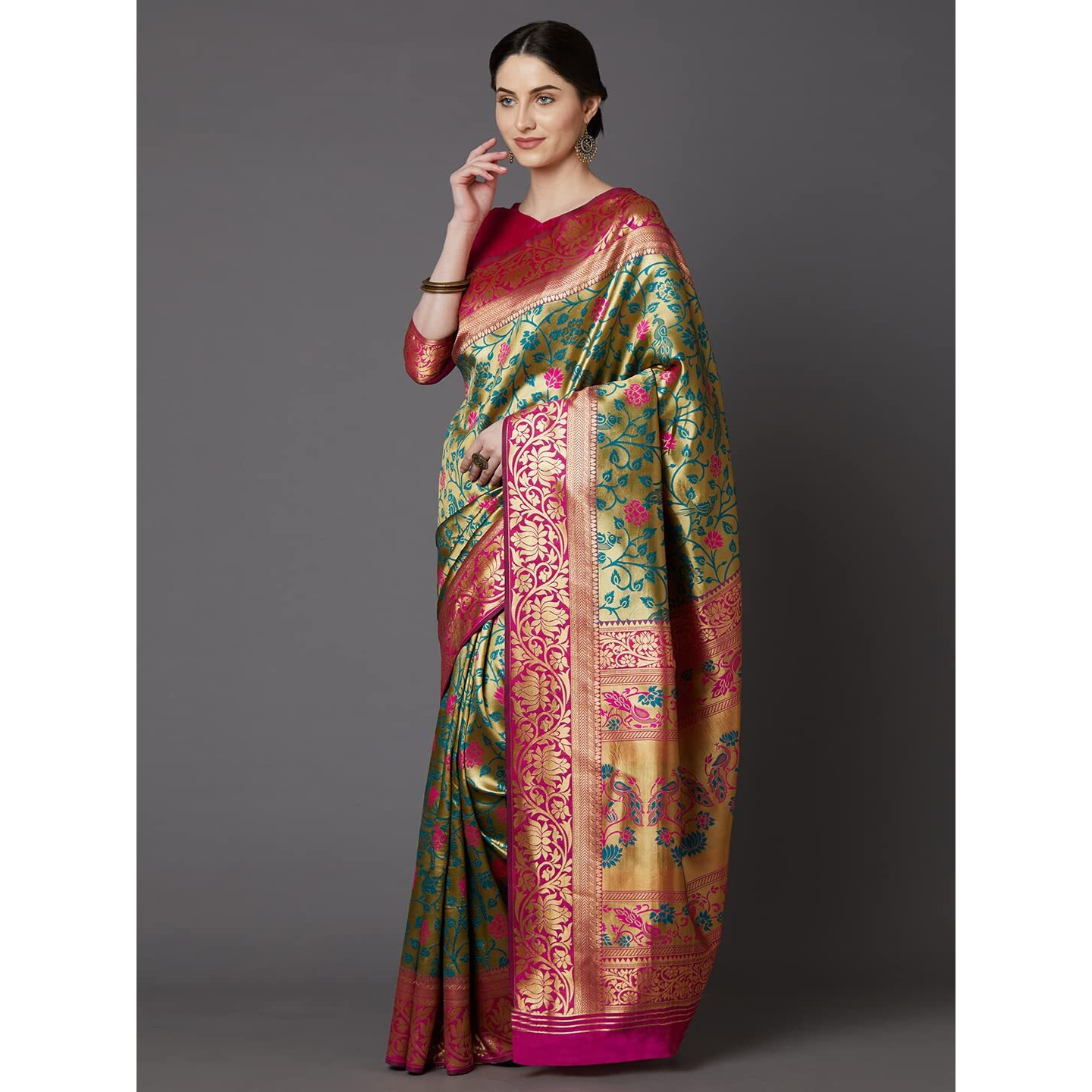 AKHILAM Womens banarasi Silk Woven Design Saree With Unstitched Blouse Piece (Pink & Green_VPRWT7405)