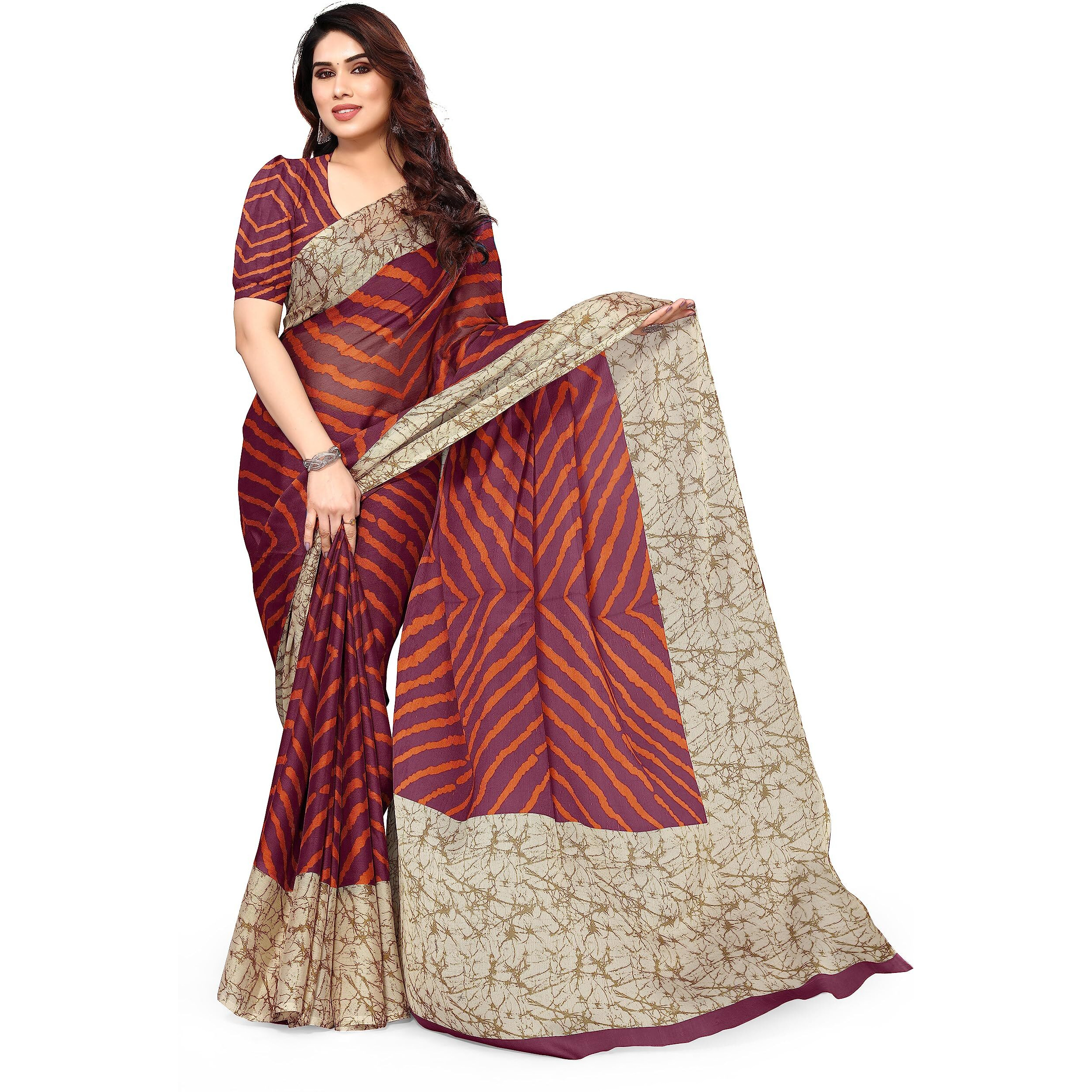MIRCHI FASHION Womens Plain Weave Chiffon Laheriya Printed Saree with Blouse Piece (38663-Wine, Orange)