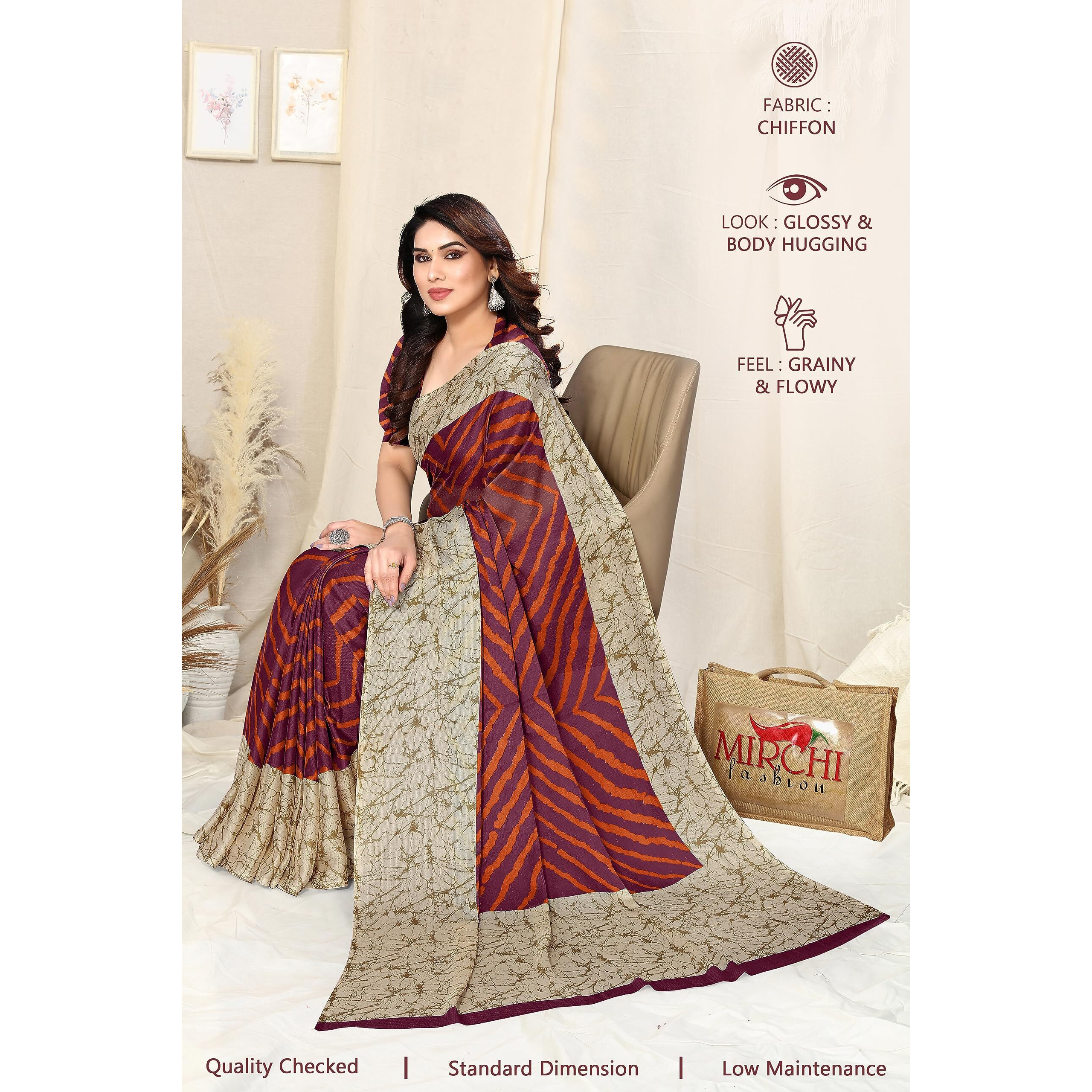 MIRCHI FASHION Womens Plain Weave Chiffon Laheriya Printed Saree with Blouse Piece (38663-Wine, Orange)