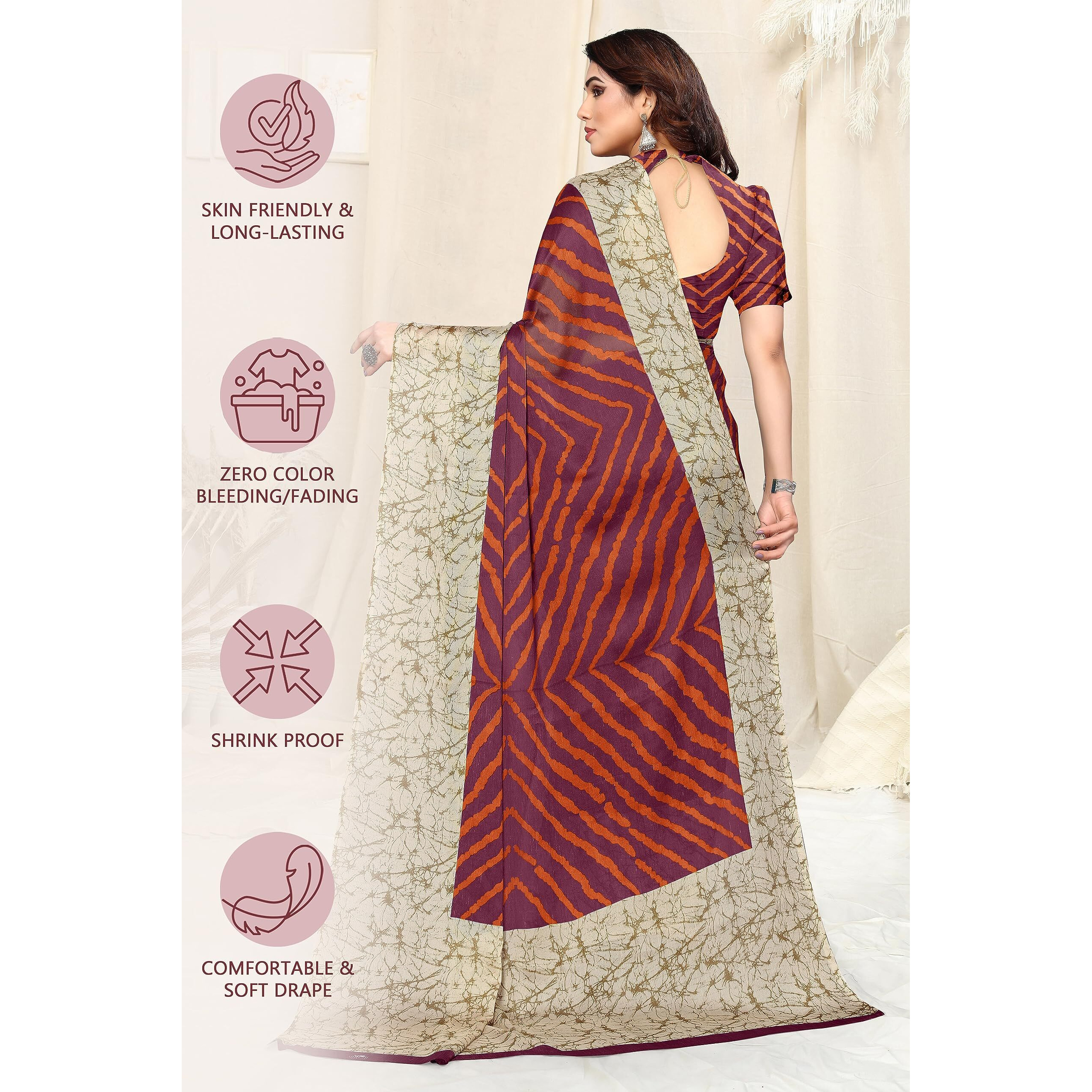 MIRCHI FASHION Womens Plain Weave Chiffon Laheriya Printed Saree with Blouse Piece (38663-Wine, Orange)
