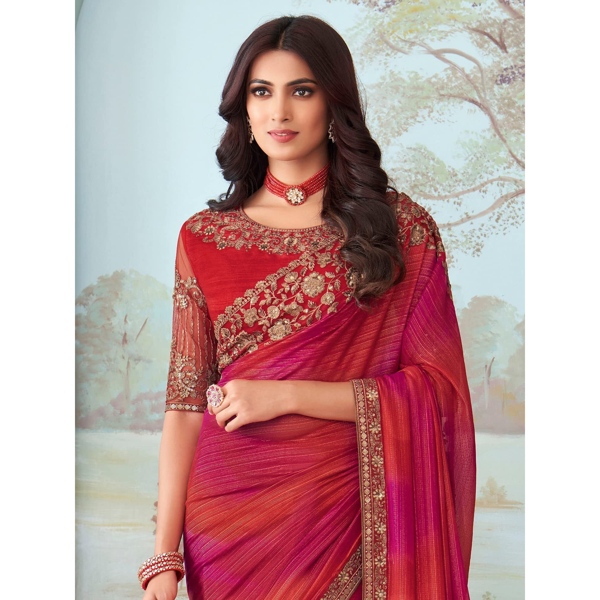 AKHILAM Womens And Girls Embroidery Lace & Sequence Embroidery Chiffon Saree With Unstitched Blouse Piece (Pink_SILVER27001_TFH)