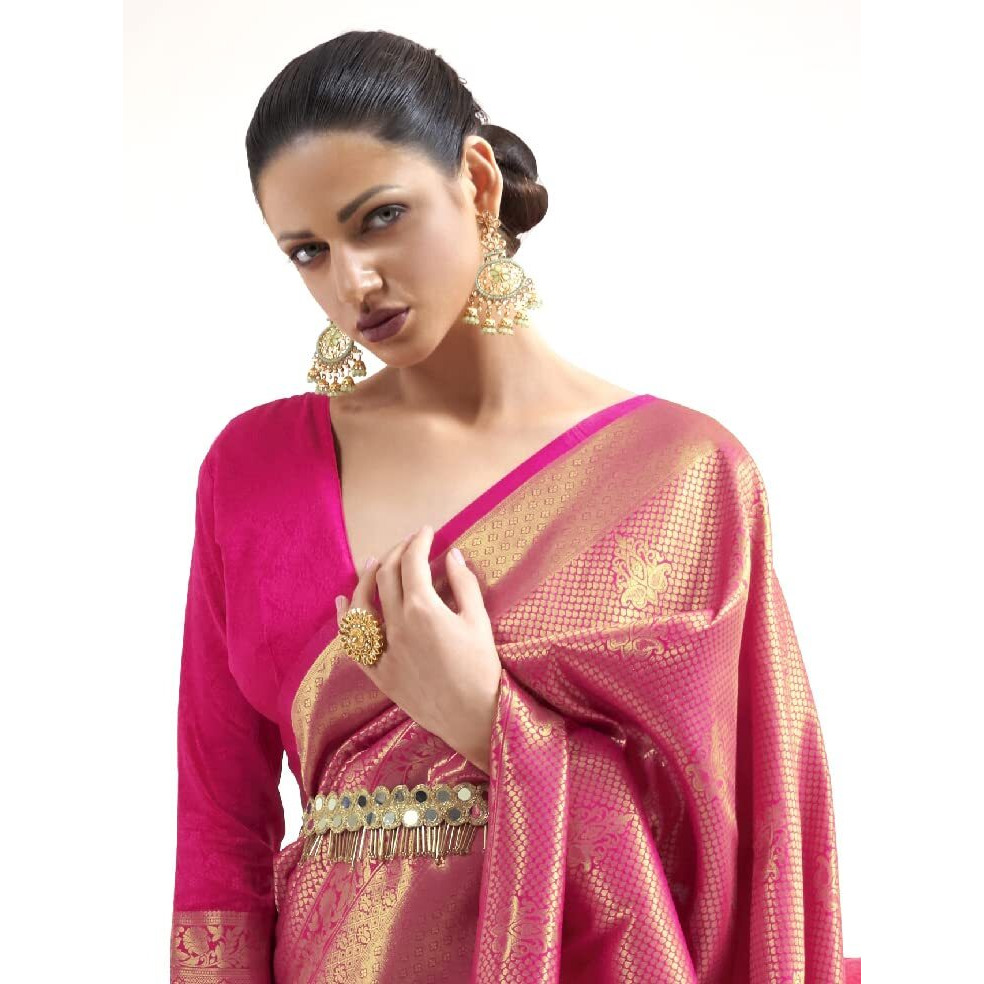 Akhilam Womens Kanchipuram Silk Saree With Unstitched Blouse Piece (Kanjivaram Silk Saree_Pink)