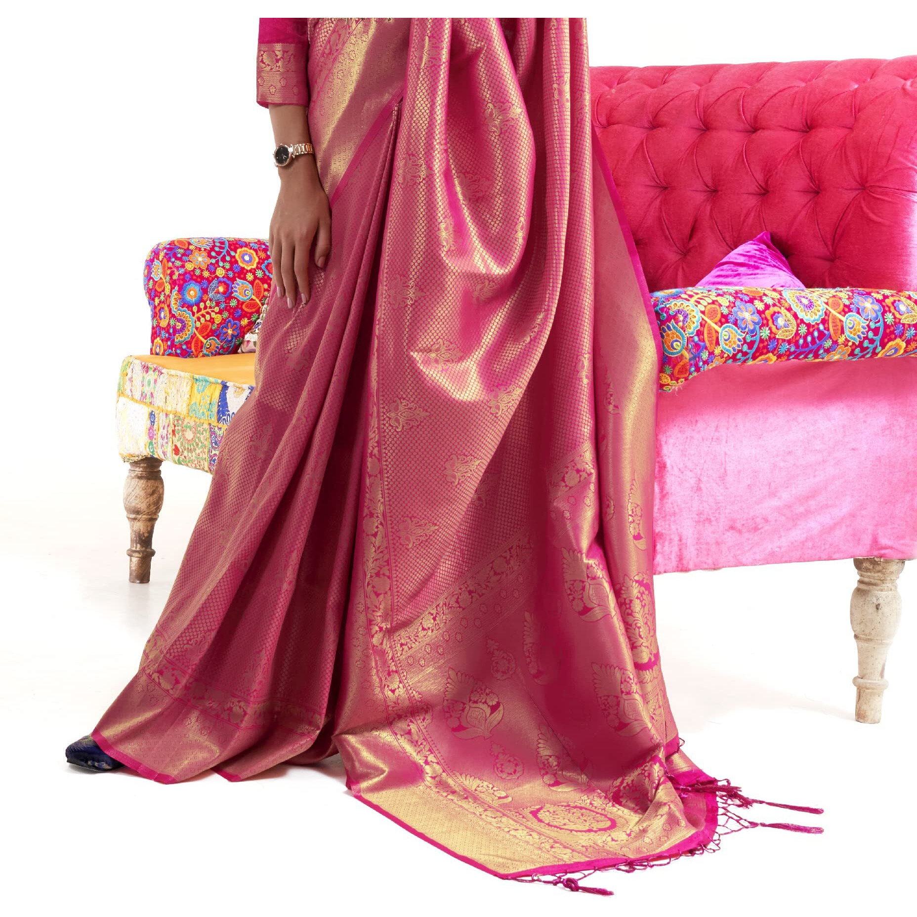 Akhilam Womens Kanchipuram Silk Saree With Unstitched Blouse Piece (Kanjivaram Silk Saree_Pink)