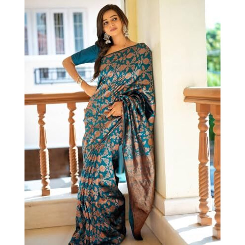 Jaanvi fashion Womens Kanchipuram Silk Sarees With Zari & Blouse Piece (elora-teal-blue)