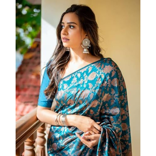 Jaanvi fashion Womens Kanchipuram Silk Sarees With Zari & Blouse Piece (elora-teal-blue)