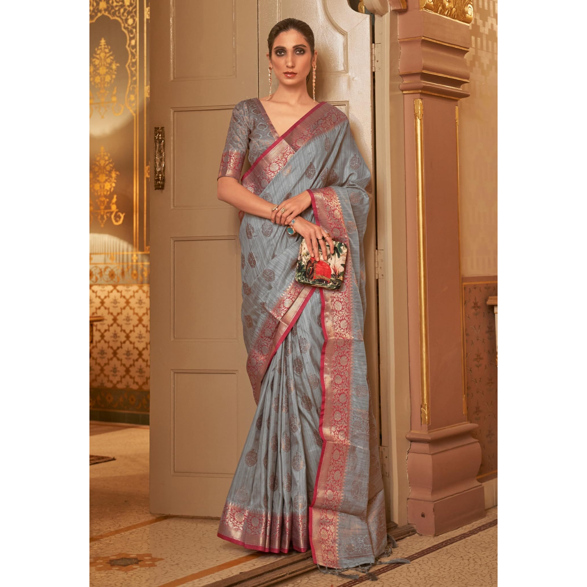 SGF11-Womens Kanjivaram Soft Silk Handloom Saree Golden Zari With Blouse Piece (Grey)