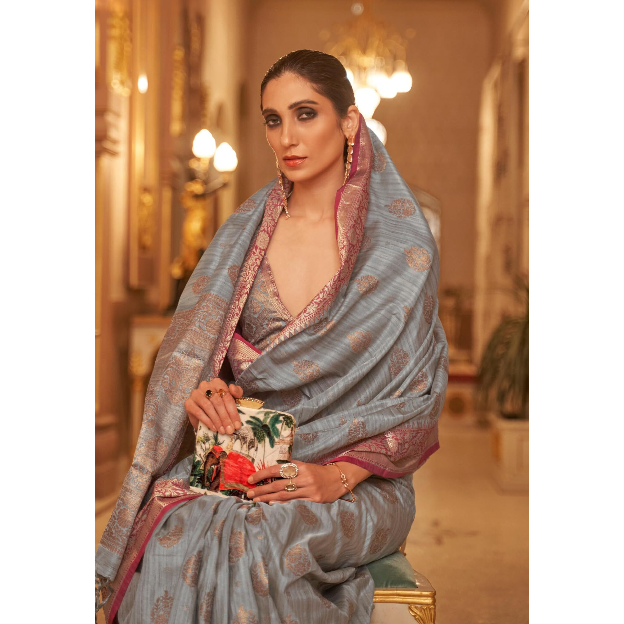 SGF11-Womens Kanjivaram Soft Silk Handloom Saree Golden Zari With Blouse Piece (Grey)