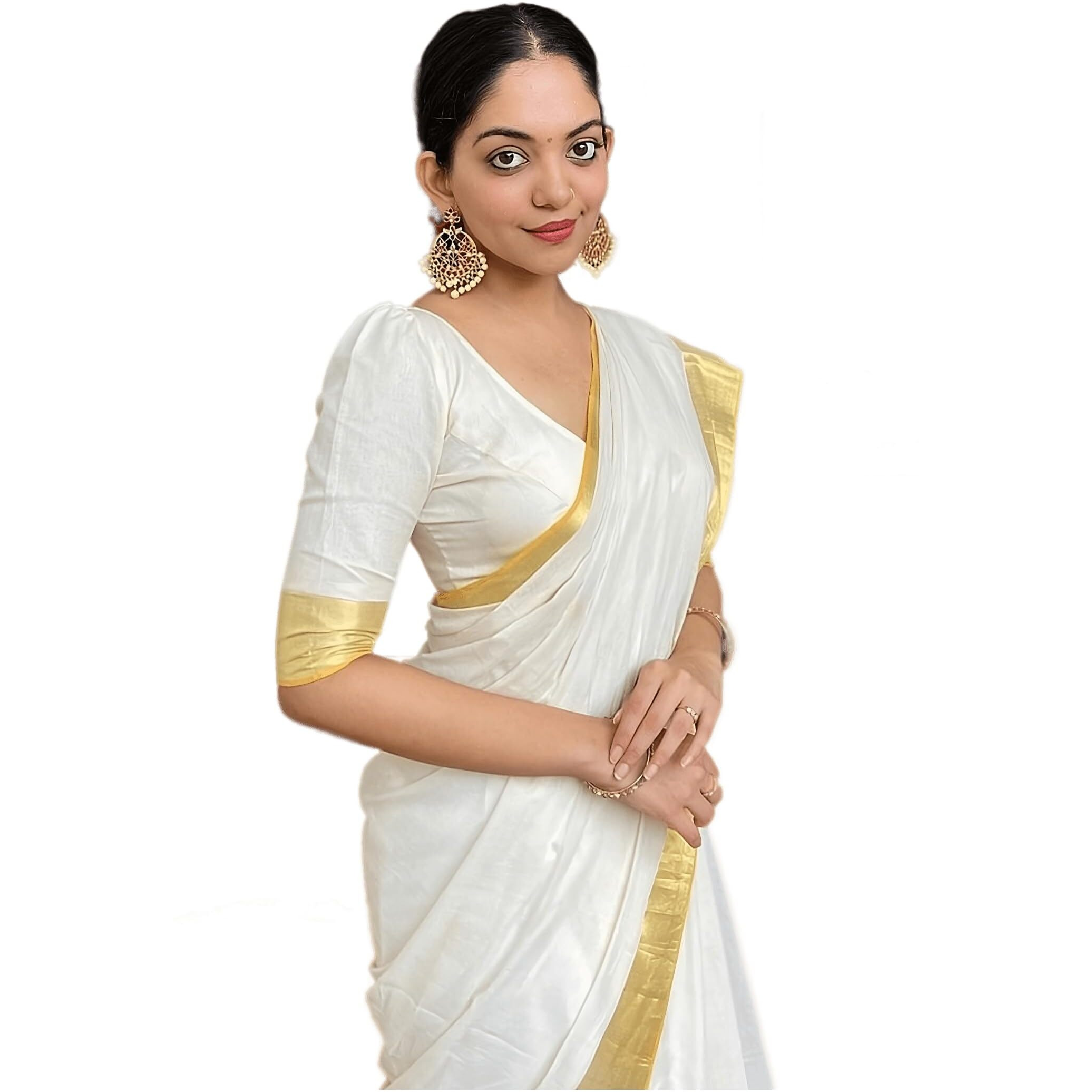 Sidhidata Womens Chanderi Cotton Saree With Unstitched Blouse Piecee (Golden White_White_Free Size)