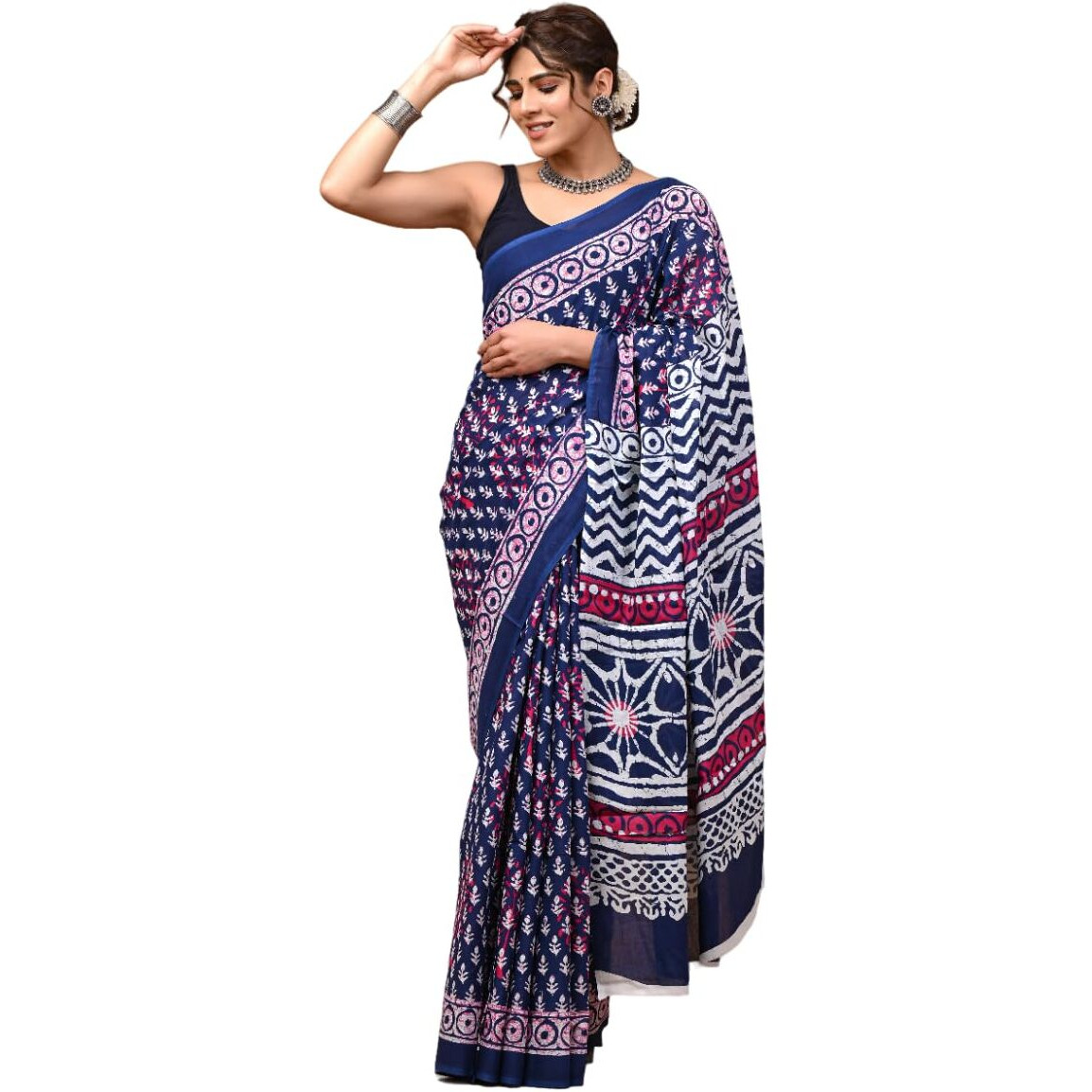 Crafts Moda Pure Cotton Saree for Women Blue Floral Printed with Unstitched Blouse
