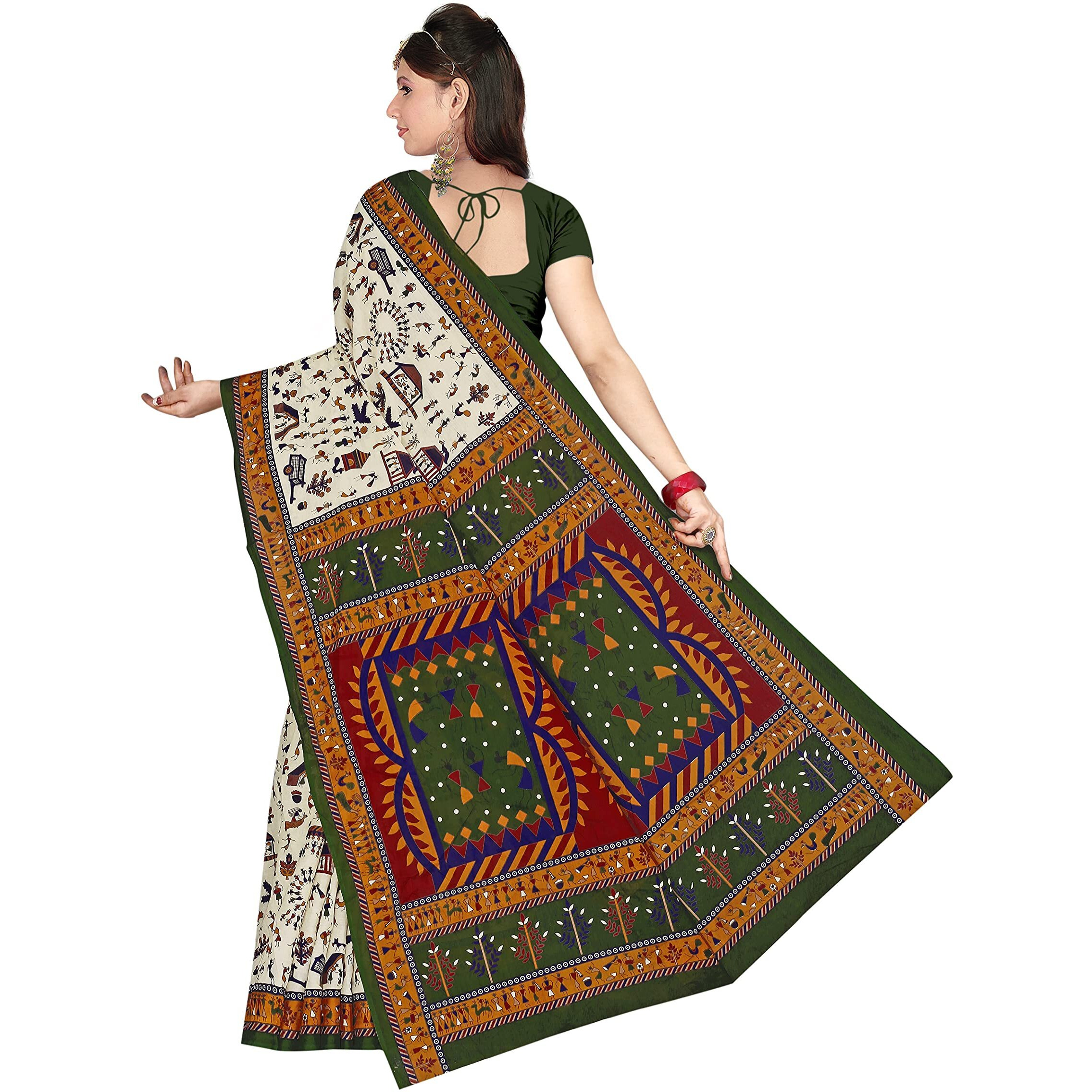 TAMAIRA FASHION Womens Plain Weave Pure Cotton Saree Without Blouse Piece(1560_Beige&DarkGreen)