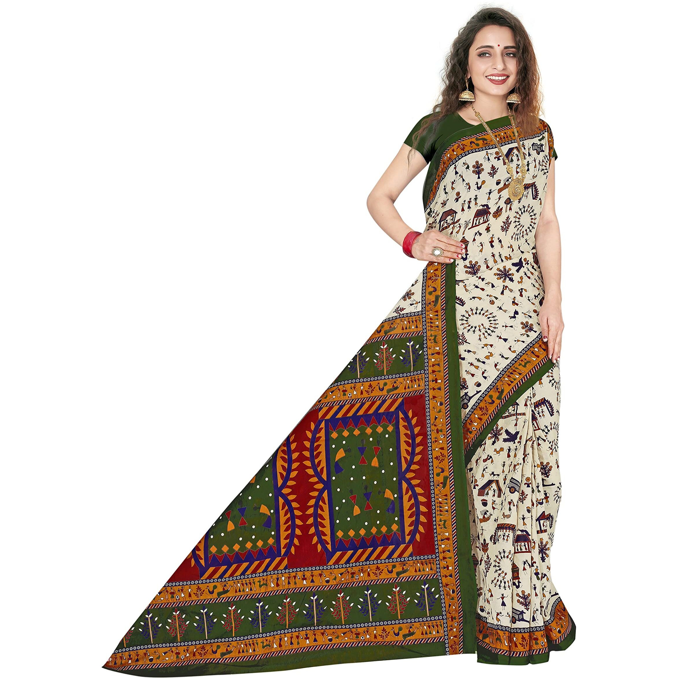 TAMAIRA FASHION Womens Plain Weave Pure Cotton Saree Without Blouse Piece(1560_Beige&DarkGreen)