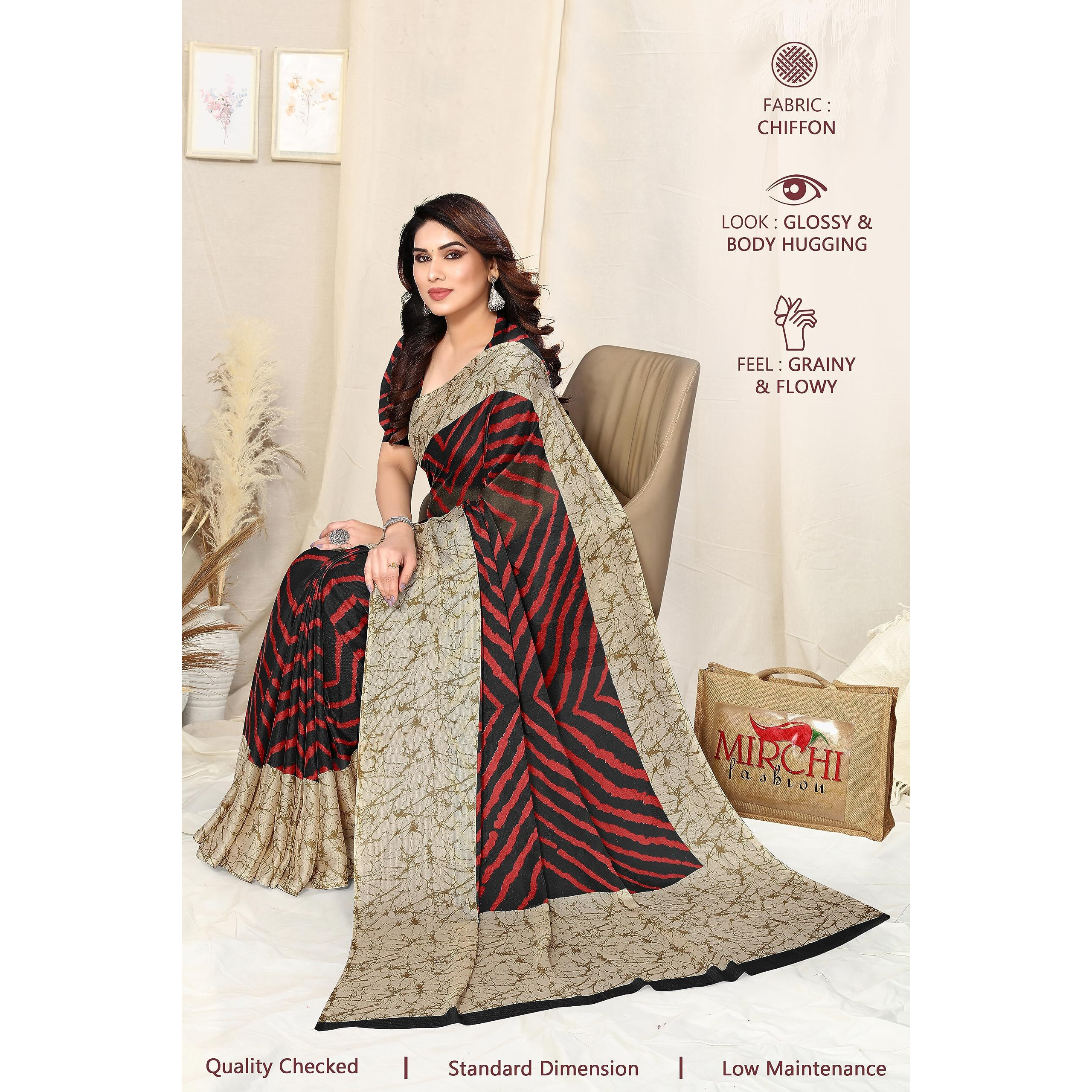 MIRCHI FASHION Womens Plain Weave Chiffon Laheriya Printed Saree with Blouse Piece (38665-Black, Red)