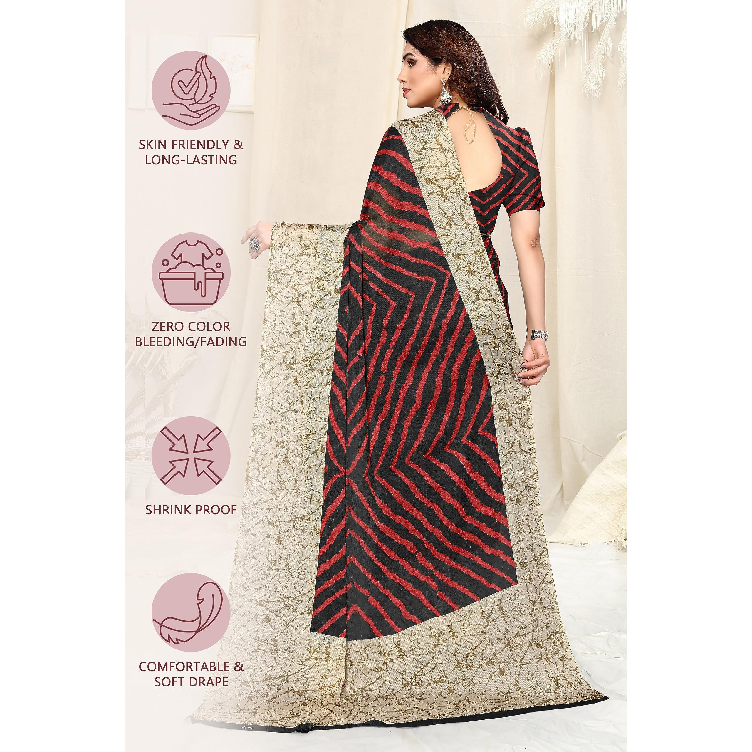 MIRCHI FASHION Womens Plain Weave Chiffon Laheriya Printed Saree with Blouse Piece (38665-Black, Red)