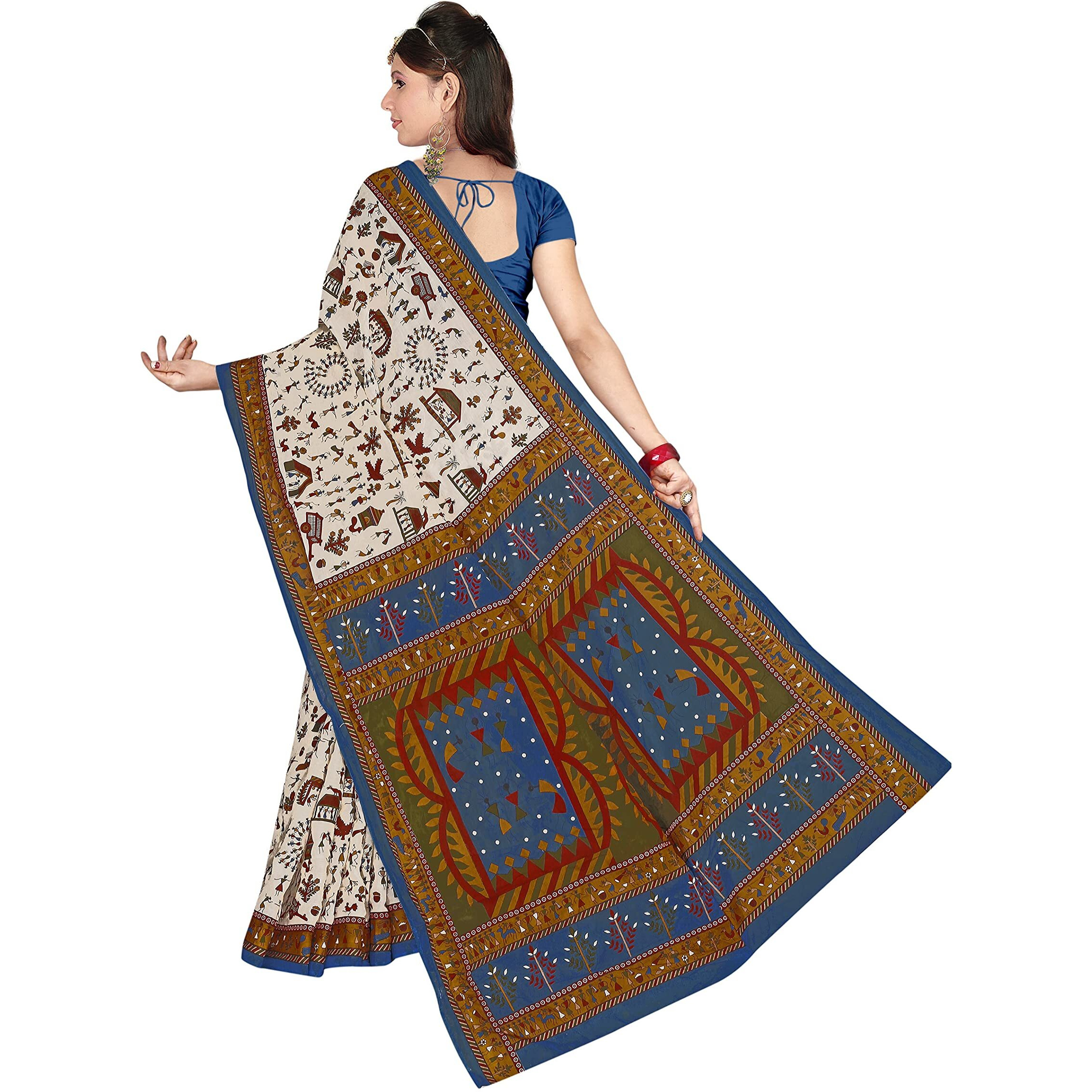 TAMAIRA FASHION Womens Plain Weave Pure Cotton Saree Without Blouse Piece(1560_Beige&PeacockBlue)