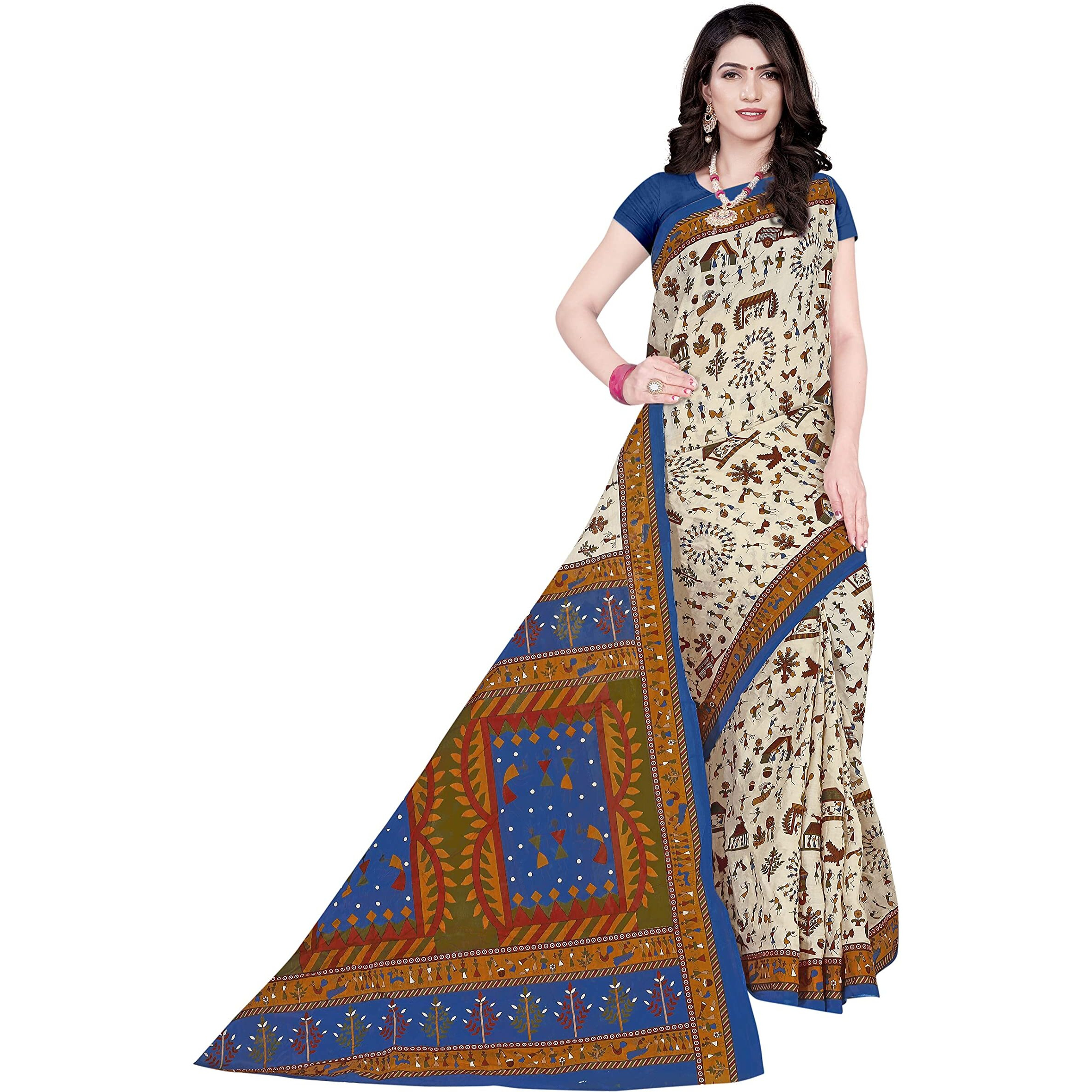 TAMAIRA FASHION Womens Plain Weave Pure Cotton Saree Without Blouse Piece(1560_Beige&PeacockBlue)