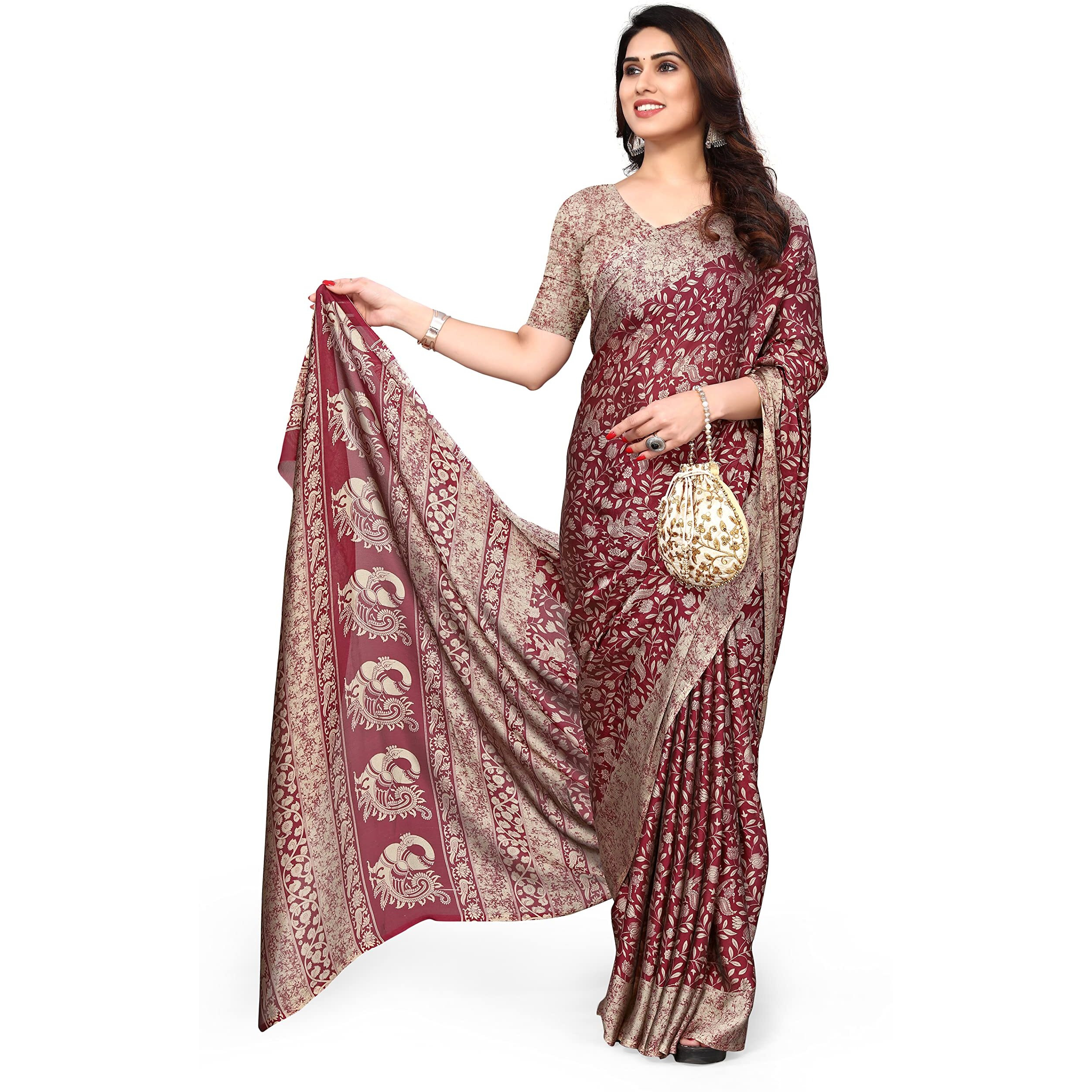 MIRCHI FASHION Womens Plain Weave Chiffon Madhubani Printed Saree with Blouse Piece (38444-Maroon, Beige)