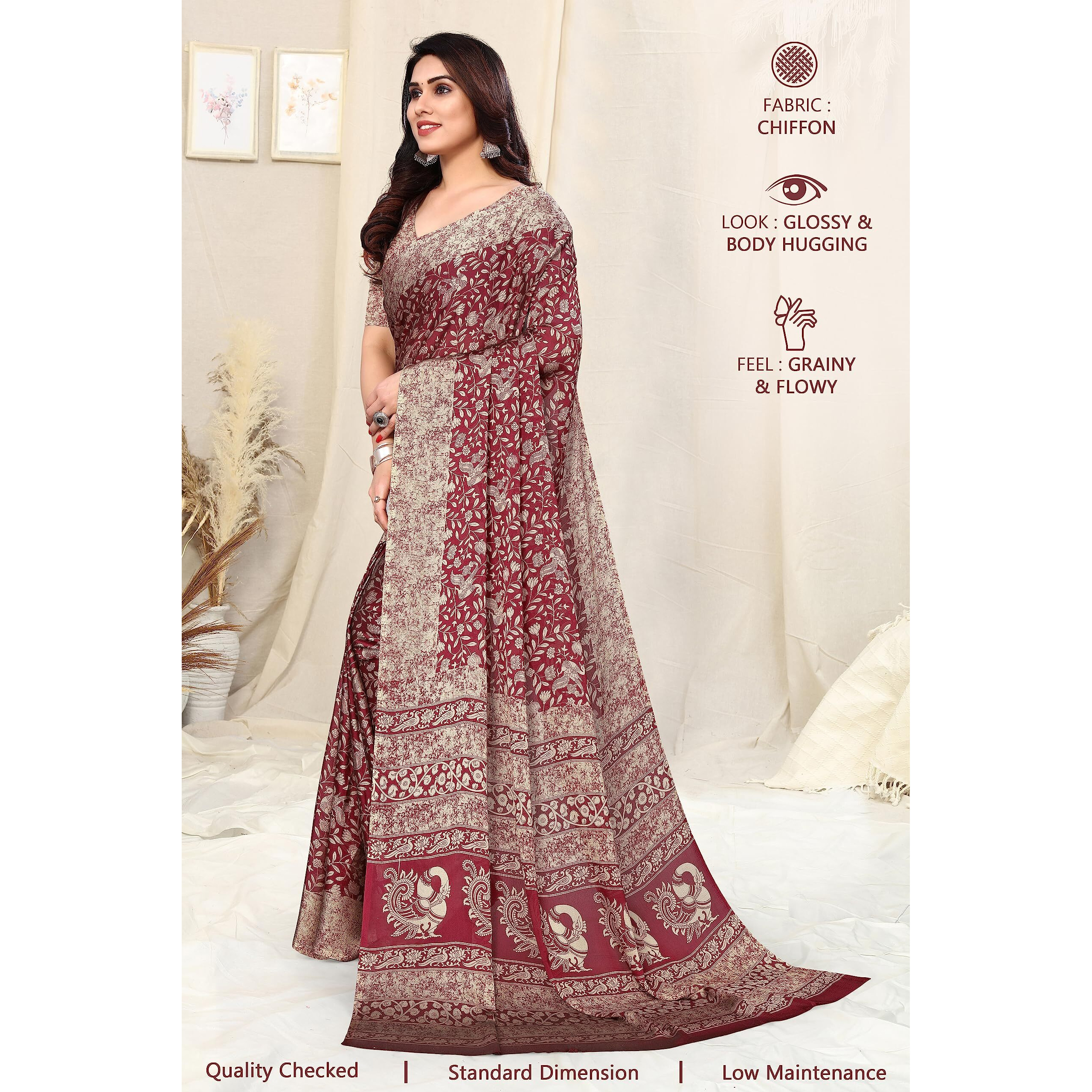 MIRCHI FASHION Womens Plain Weave Chiffon Madhubani Printed Saree with Blouse Piece (38444-Maroon, Beige)