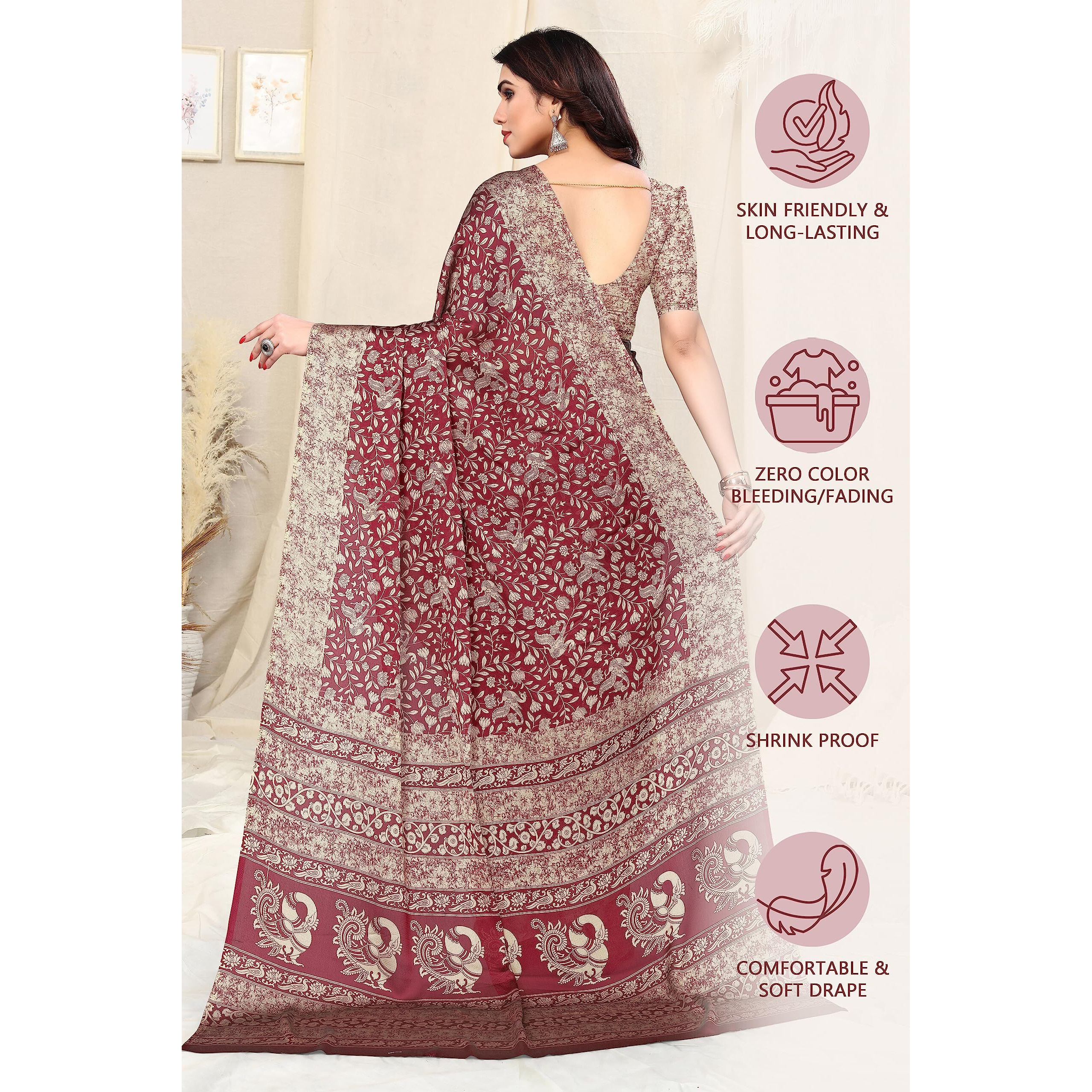 MIRCHI FASHION Womens Plain Weave Chiffon Madhubani Printed Saree with Blouse Piece (38444-Maroon, Beige)