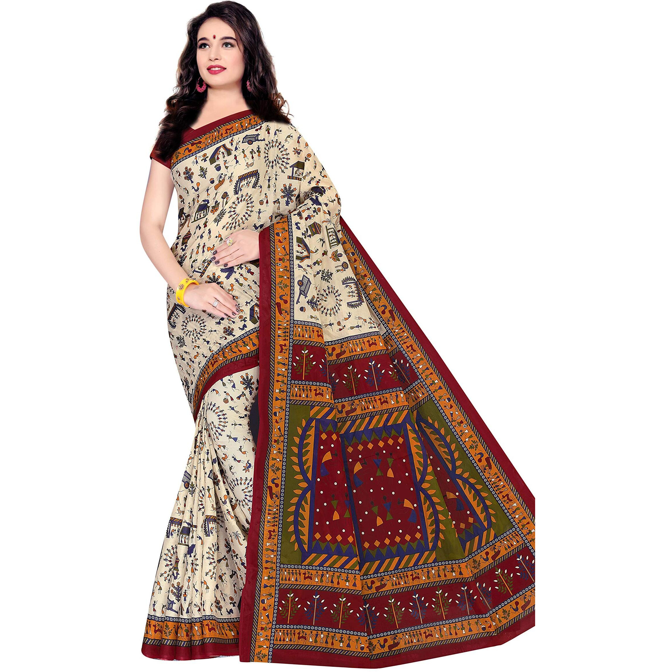 TAMAIRA FASHION Womens Plain Weave Pure Cotton Saree Without Blouse Piece (1560_Beige and Maroon_Malmal)