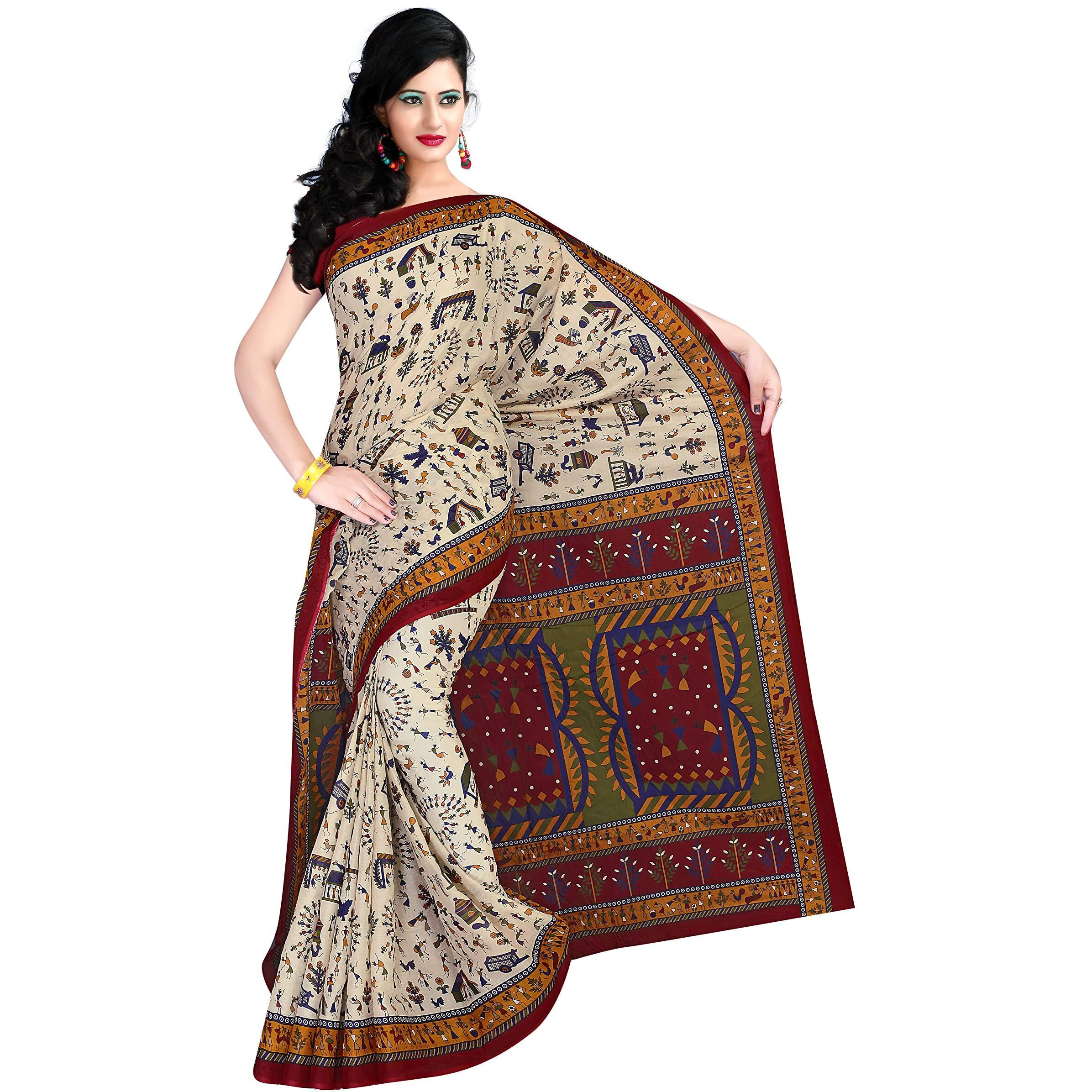 TAMAIRA FASHION Womens Plain Weave Pure Cotton Saree Without Blouse Piece (1560_Beige and Maroon_Malmal)