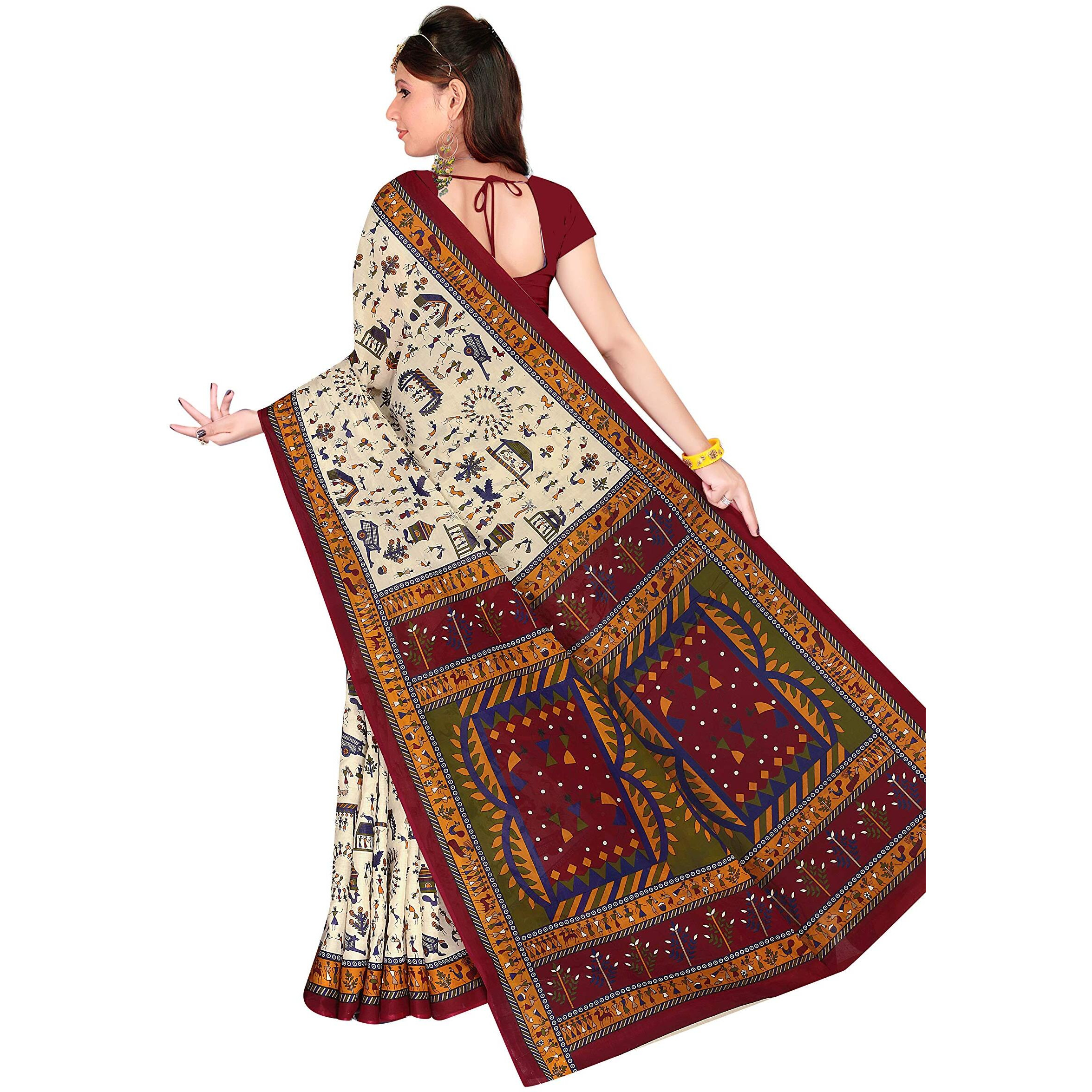 TAMAIRA FASHION Womens Plain Weave Pure Cotton Saree Without Blouse Piece (1560_Beige and Maroon_Malmal)