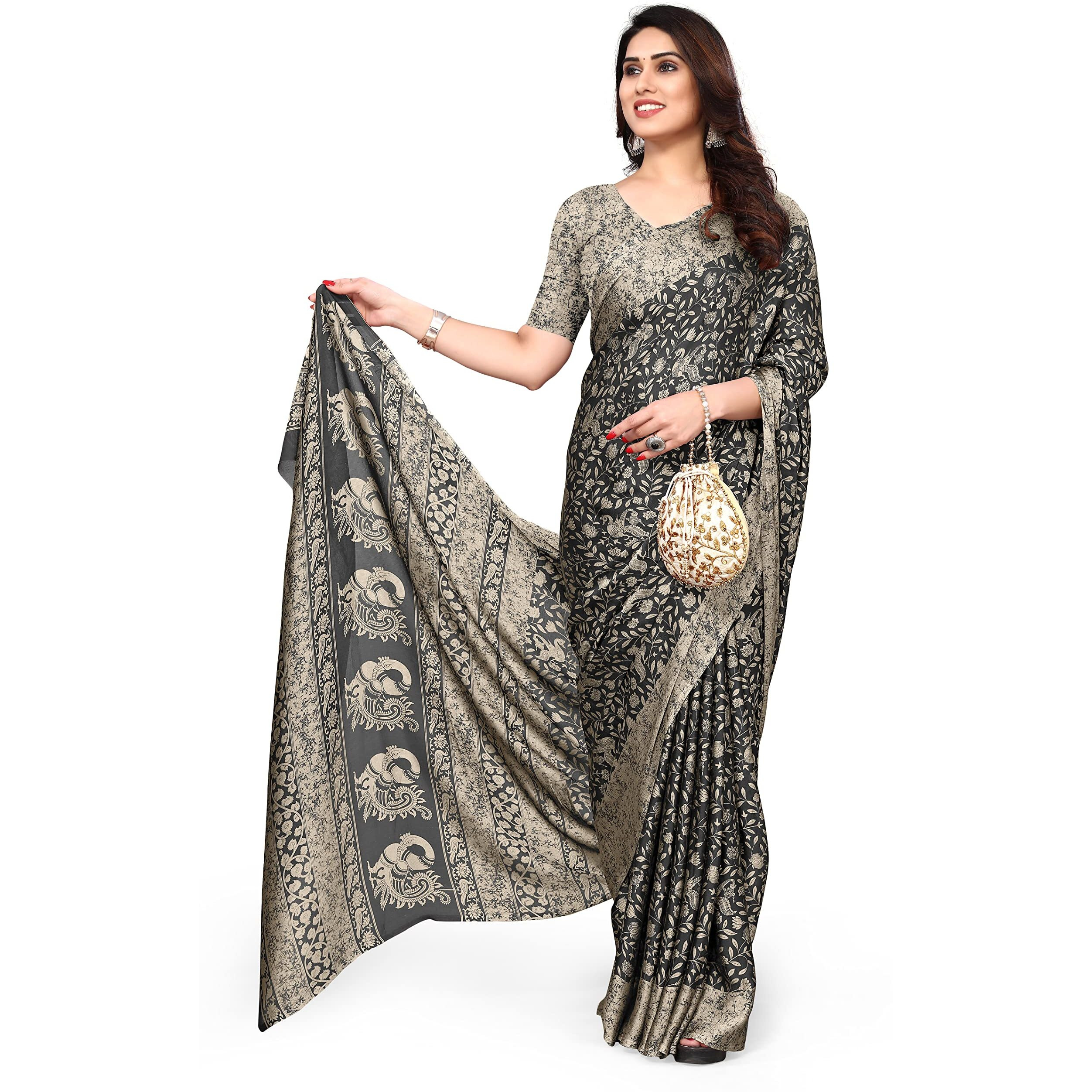 MIRCHI FASHION Womens Plain Weave Chiffon Madhubani Printed Saree with Blouse Piece (38445-Black, Beige)