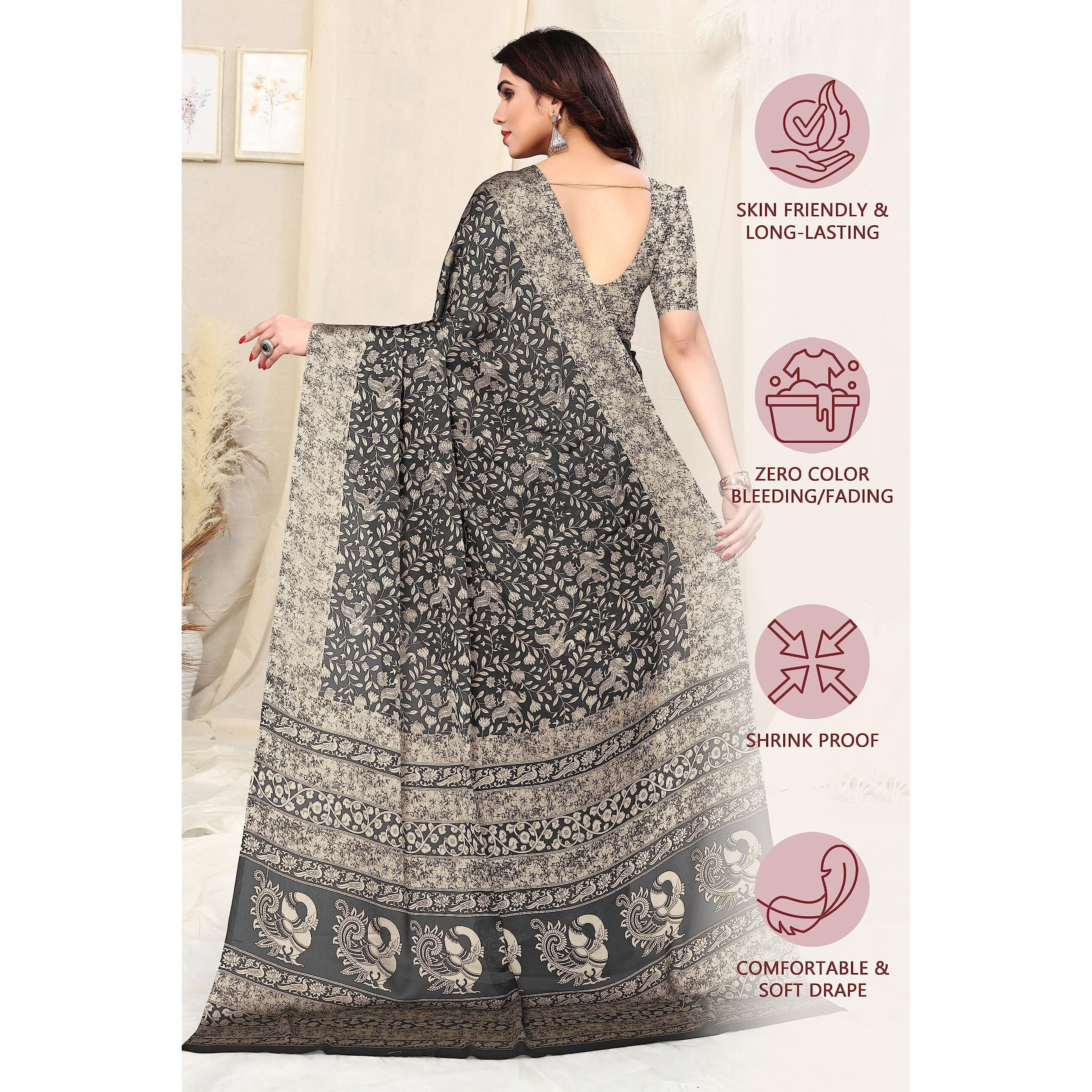 MIRCHI FASHION Womens Plain Weave Chiffon Madhubani Printed Saree with Blouse Piece (38445-Black, Beige)