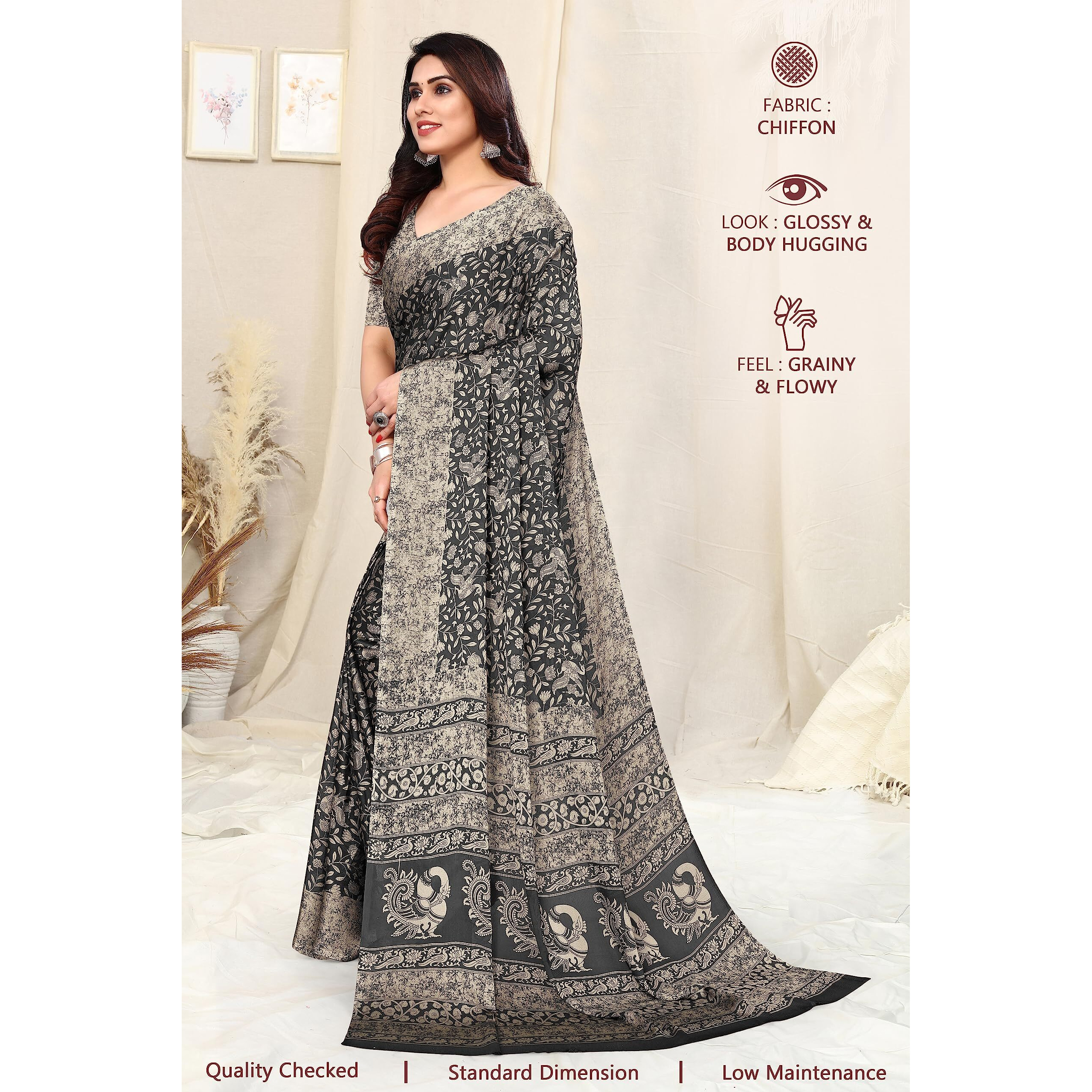MIRCHI FASHION Womens Plain Weave Chiffon Madhubani Printed Saree with Blouse Piece (38445-Black, Beige)