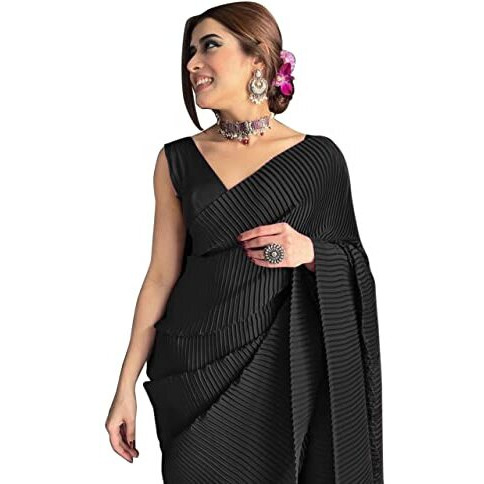 Sidhidata Womens Full CrushedPleated Satin Saree With Unstitched Blouse Piece (Blackk)