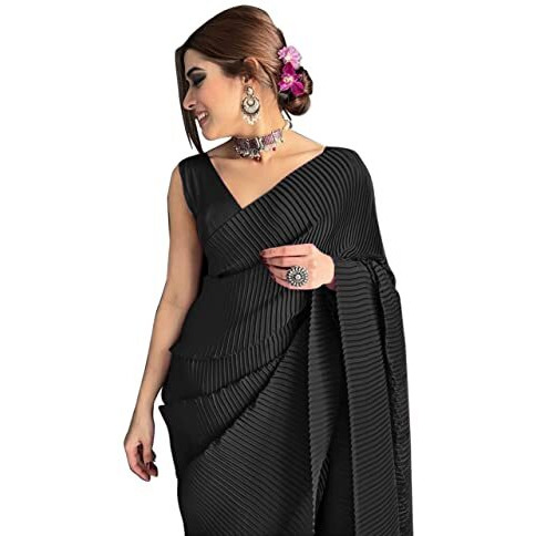 Sidhidata Womens Full CrushedPleated Satin Saree With Unstitched Blouse Piece (Blackk)