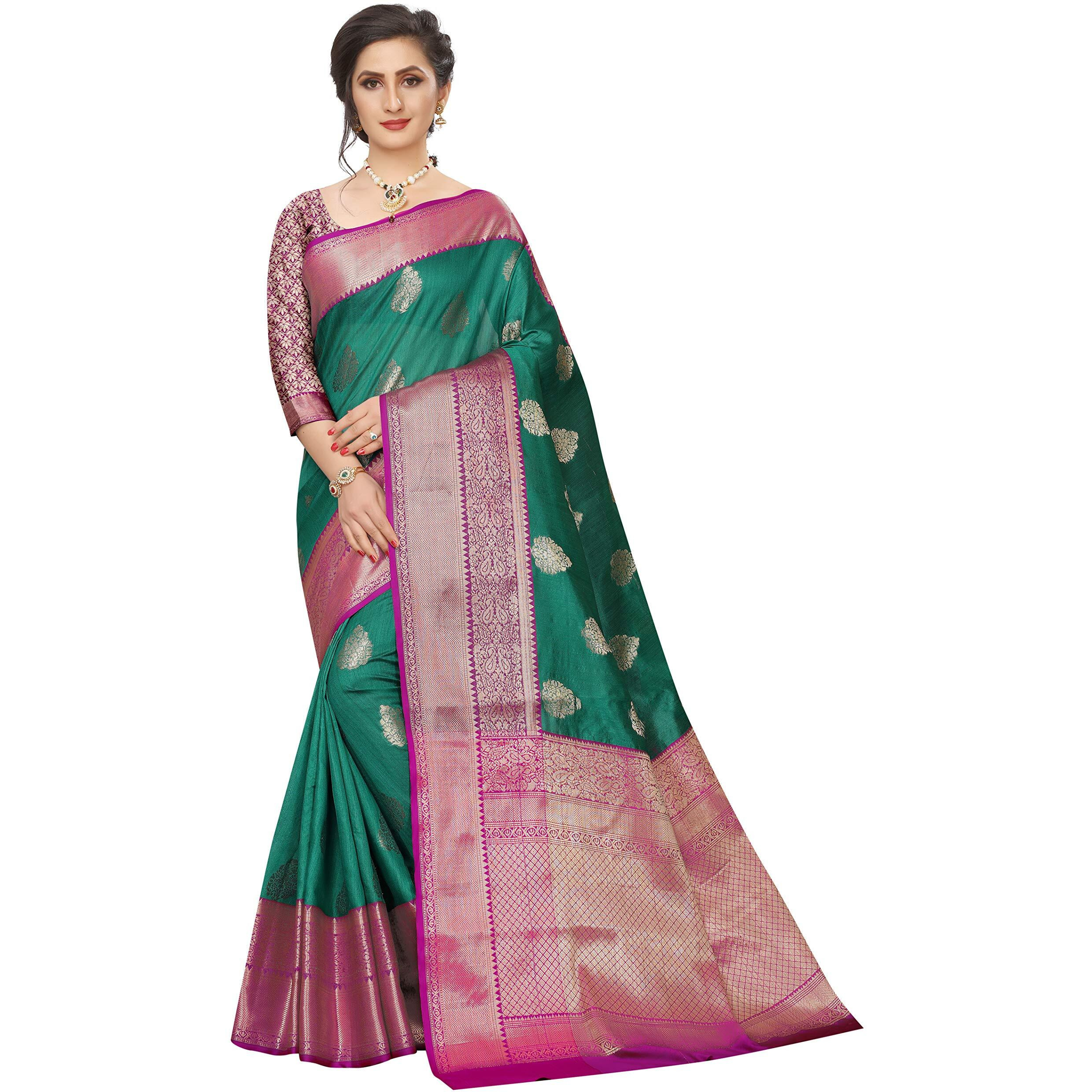 Silk Zone Womens Heavy Banarasi Art Silk Saree With Unstitched Blouse Piece(Teal)