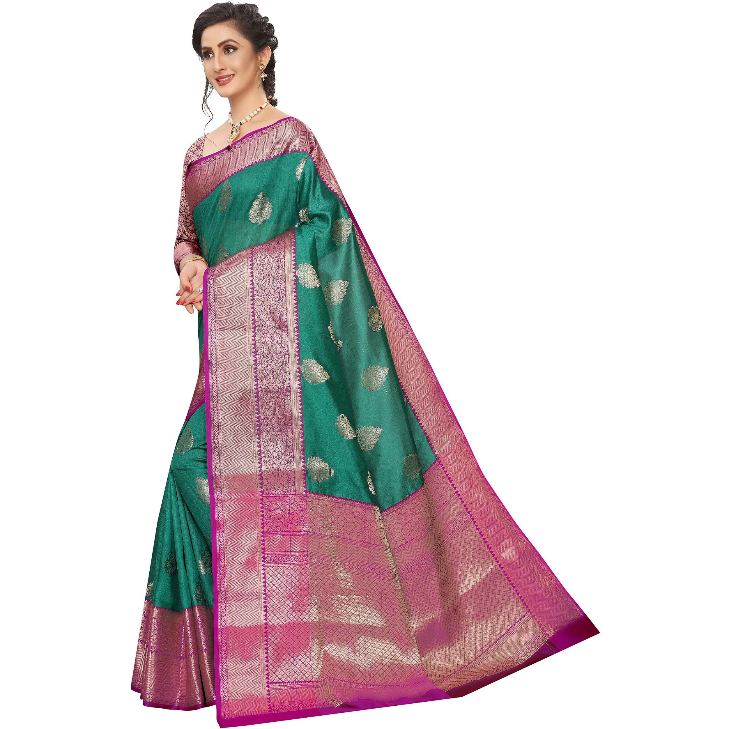 Silk Zone Womens Heavy Banarasi Art Silk Saree With Unstitched Blouse Piece(Teal)
