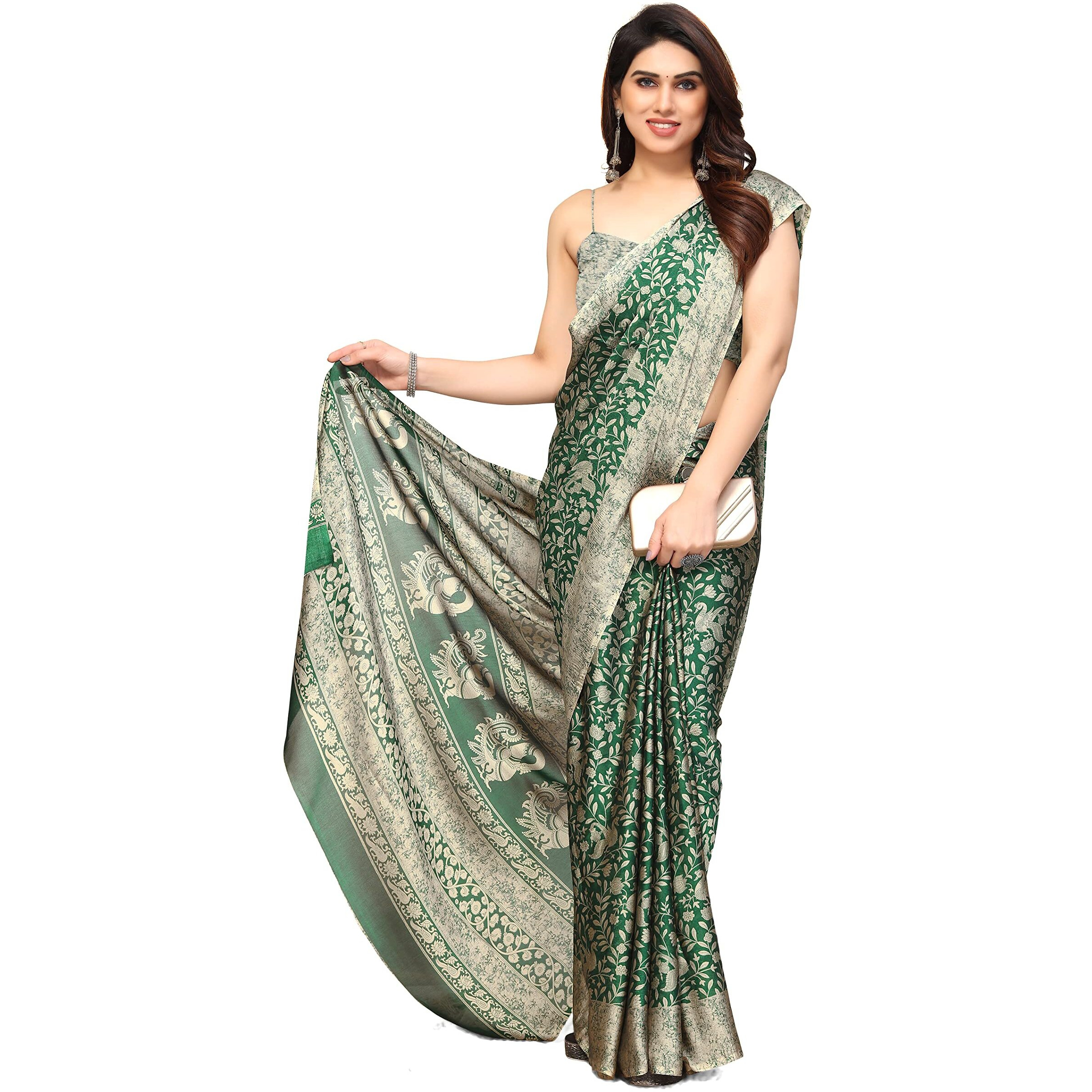 MIRCHI FASHION Womens Plain Weave Chiffon Madhubani Printed Saree with Blouse Piece (38446-Green, Beige)