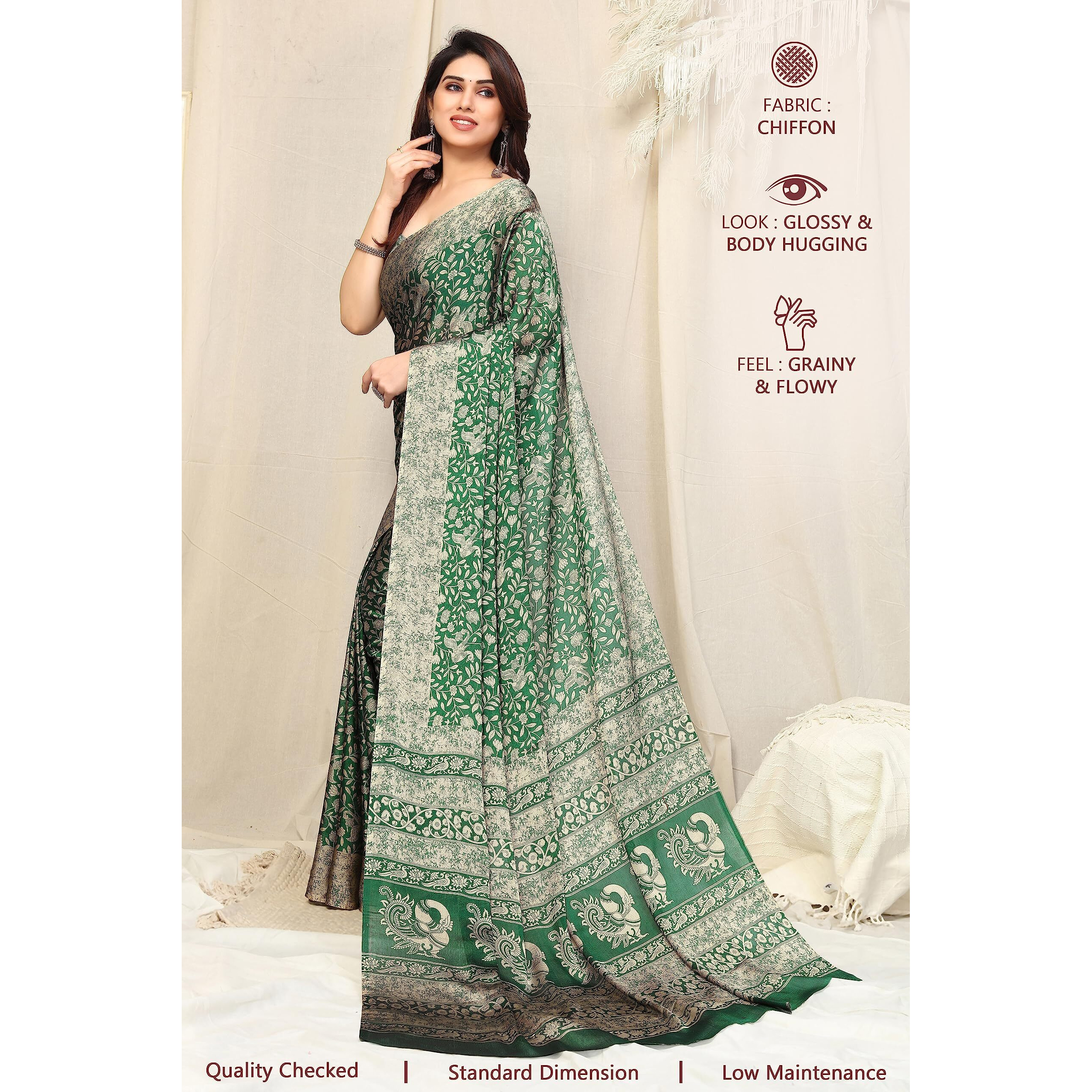 MIRCHI FASHION Womens Plain Weave Chiffon Madhubani Printed Saree with Blouse Piece (38446-Green, Beige)