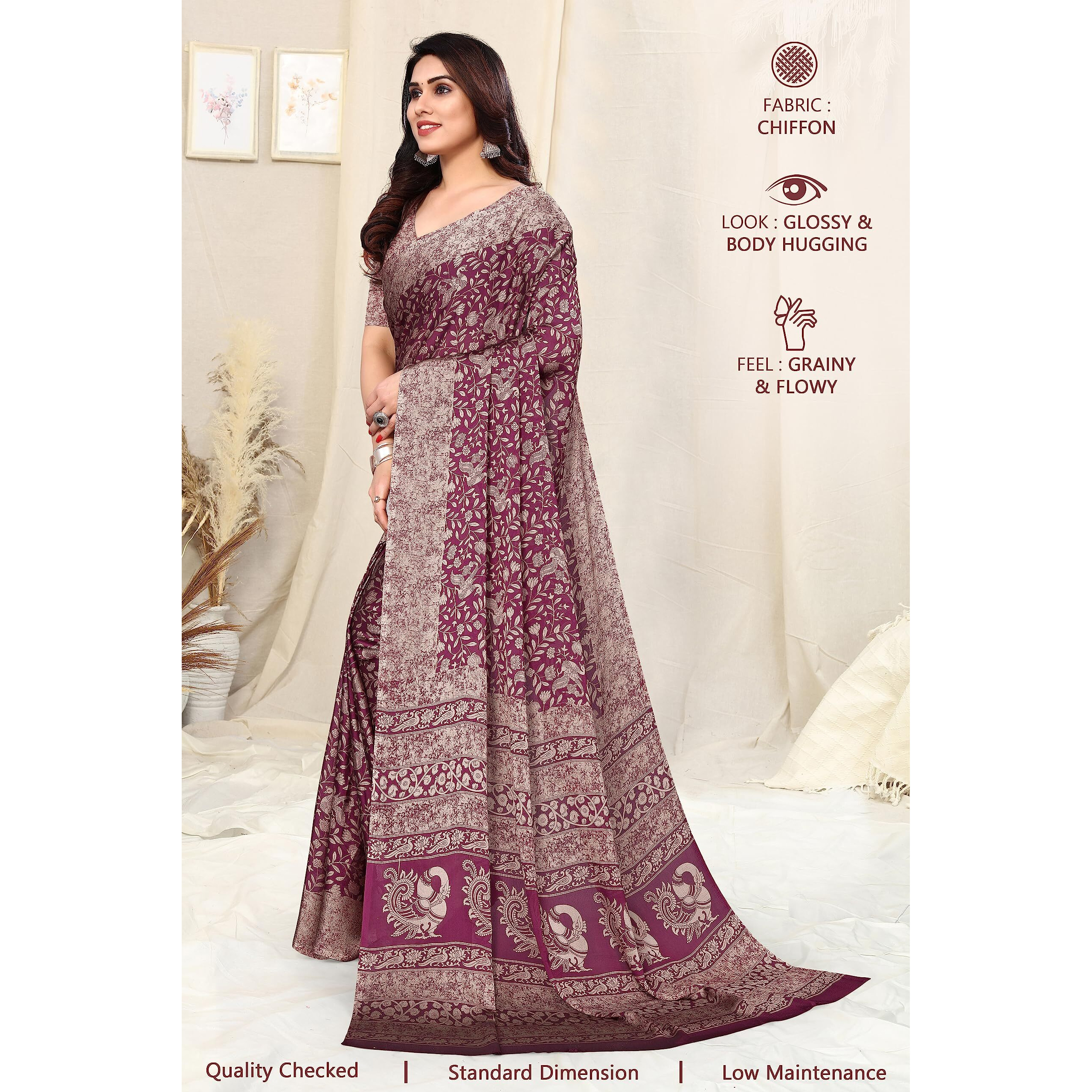 MIRCHI FASHION Womens Plain Weave Chiffon Madhubani Printed Saree with Blouse Piece (38441-Magenta, Beige)