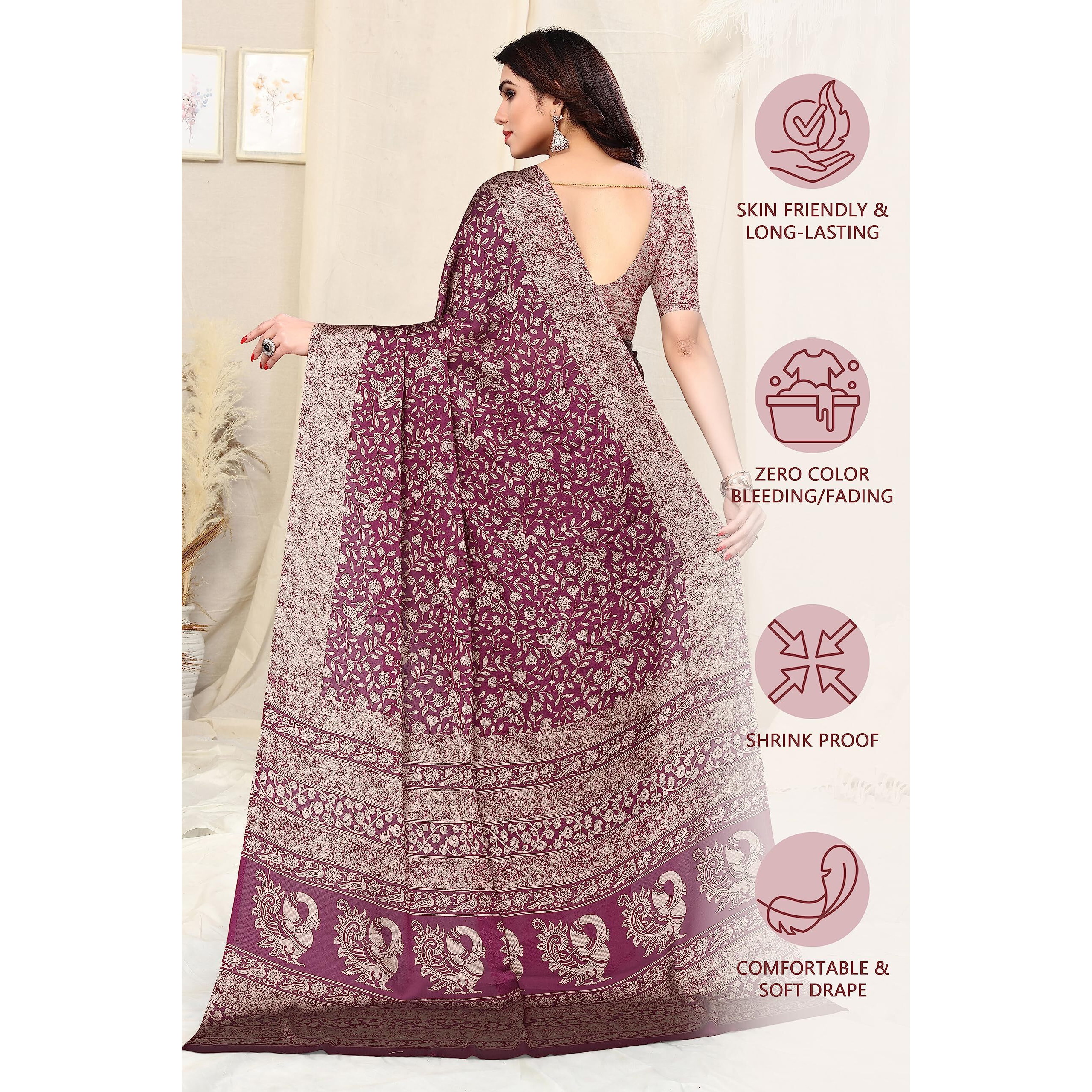 MIRCHI FASHION Womens Plain Weave Chiffon Madhubani Printed Saree with Blouse Piece (38441-Magenta, Beige)