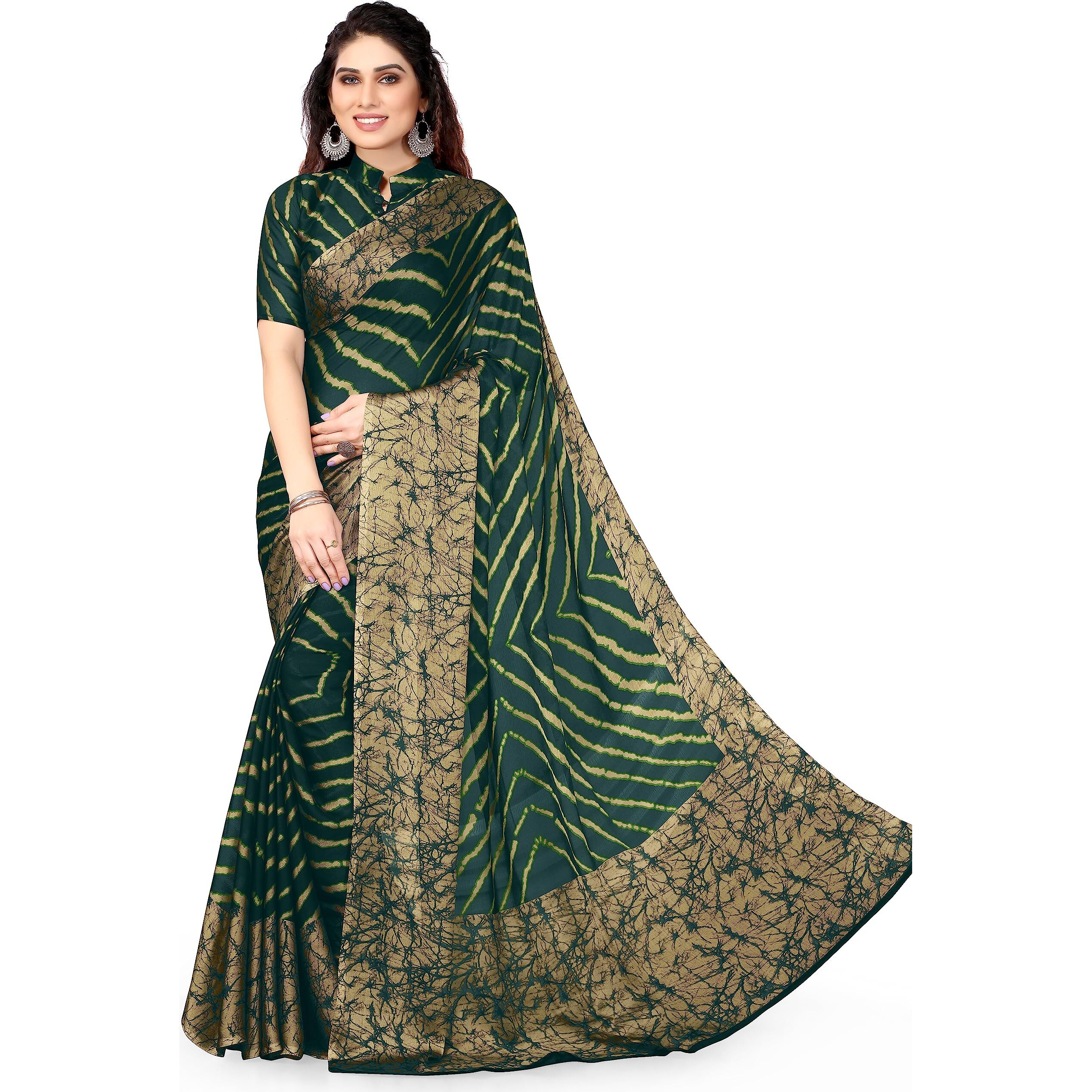 MIRCHI FASHION Womens Plain Weave Chiffon Leheriya Printed Saree with Blouse Piece (38884-Dark Teal, Beige)