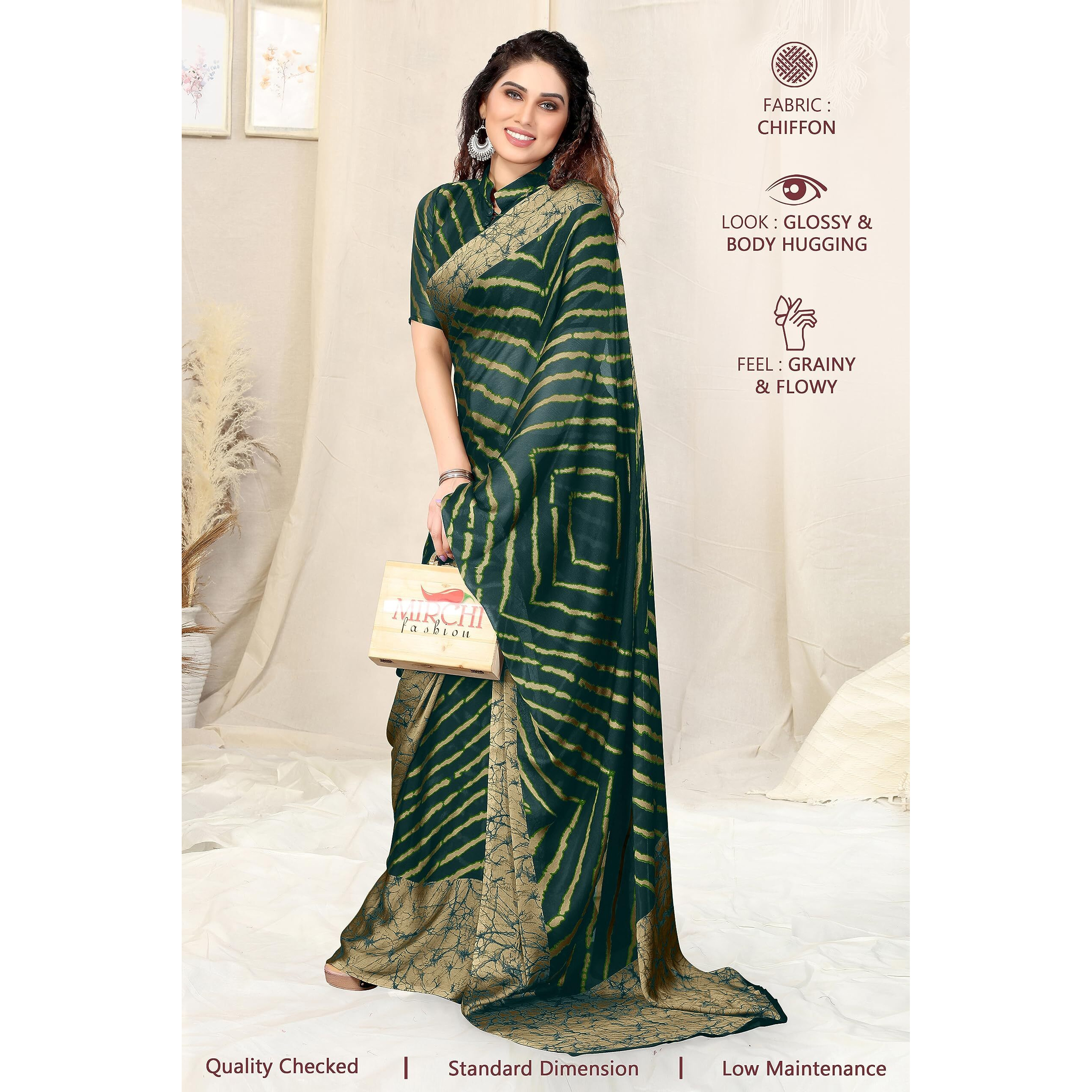 MIRCHI FASHION Womens Plain Weave Chiffon Leheriya Printed Saree with Blouse Piece (38884-Dark Teal, Beige)