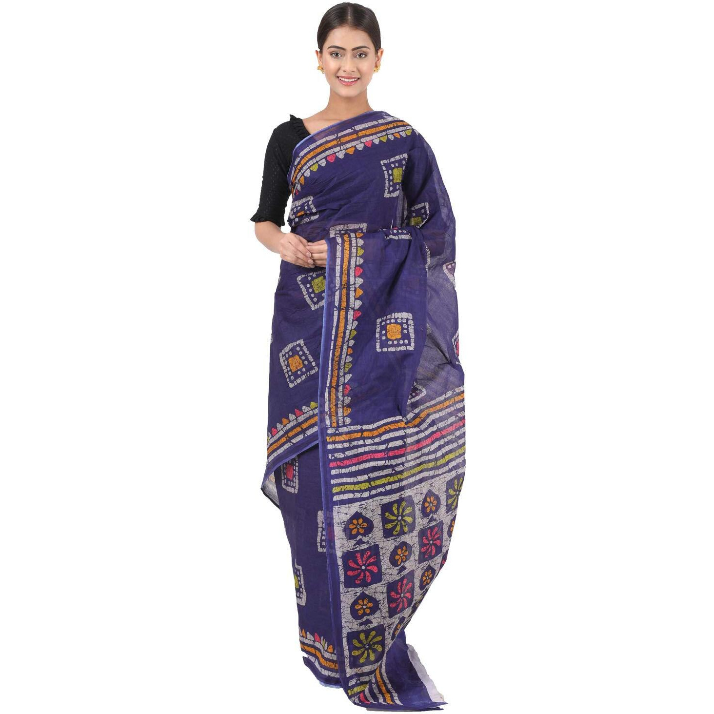 TAMAIRA FASHION Womens Plain Cotton Saree (AB12_Dark Blue)