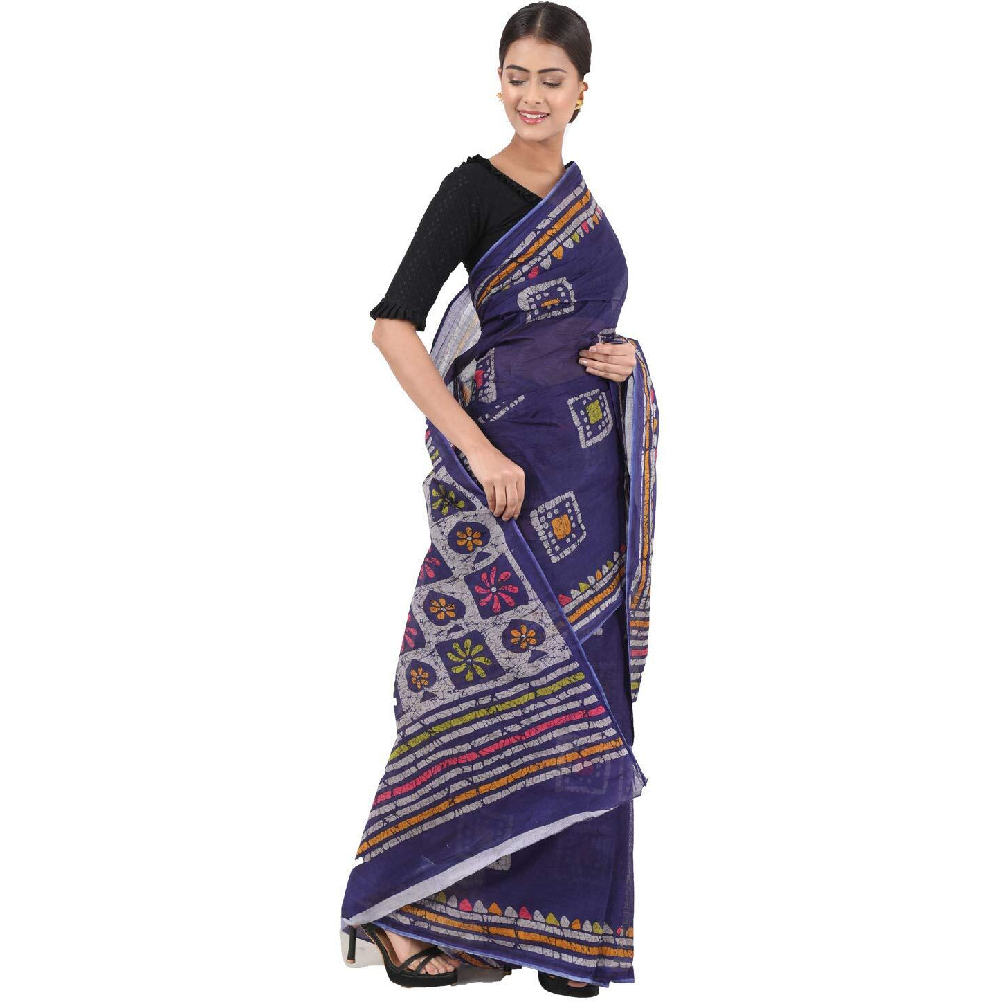 TAMAIRA FASHION Womens Plain Cotton Saree (AB12_Dark Blue)
