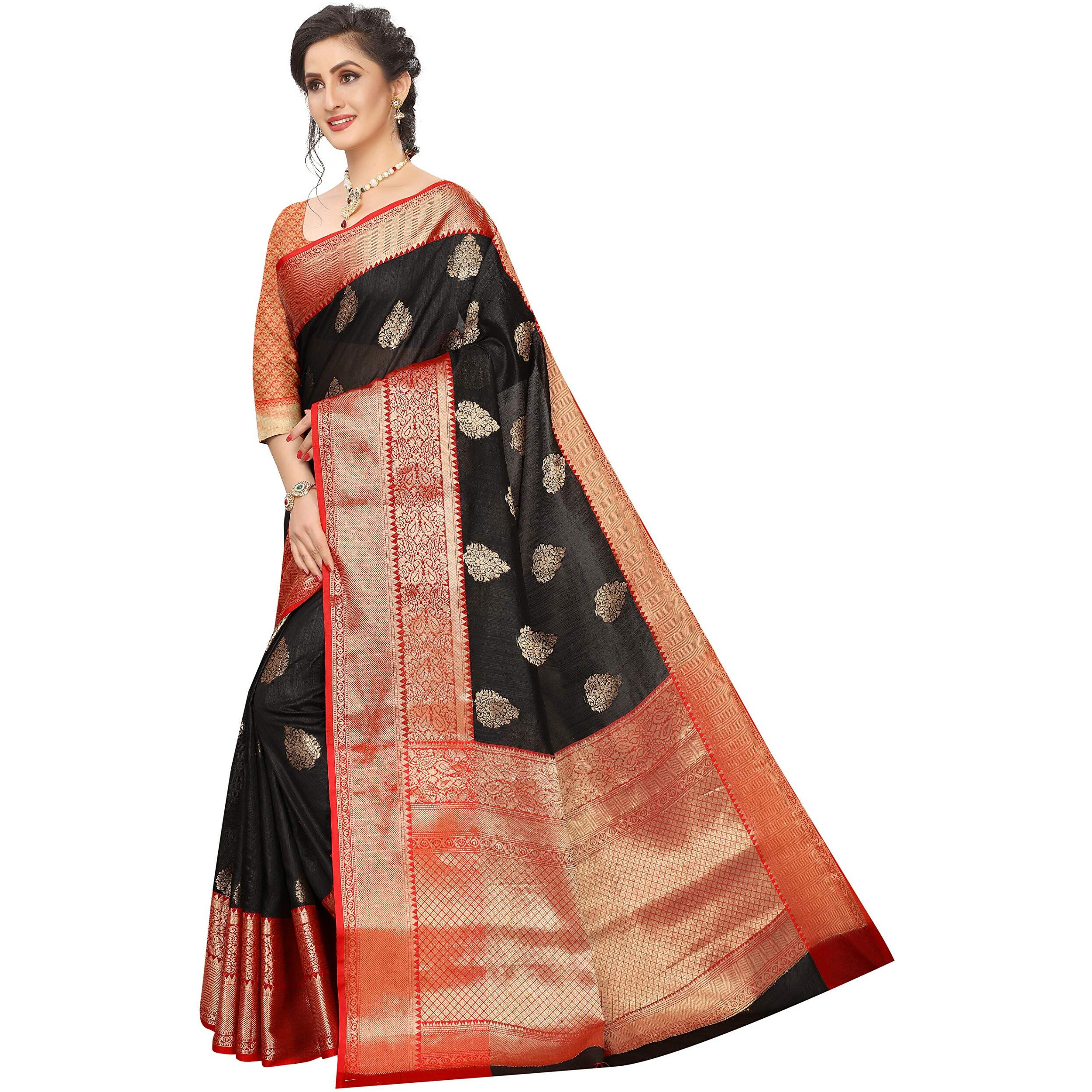 Silk Zone Womens Heavy Banarasi Art Silk Saree With Unstitched Blouse Piece(Black)