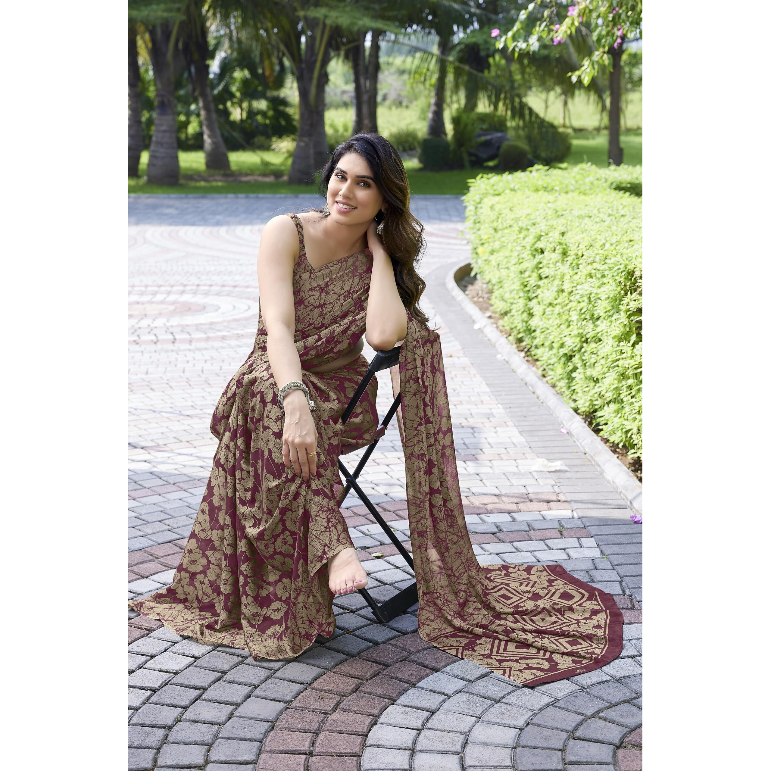 MIRCHI FASHION Womens Chiffon Floral Printed Saree with Blouse Piece (39821-Magenta, Beige)