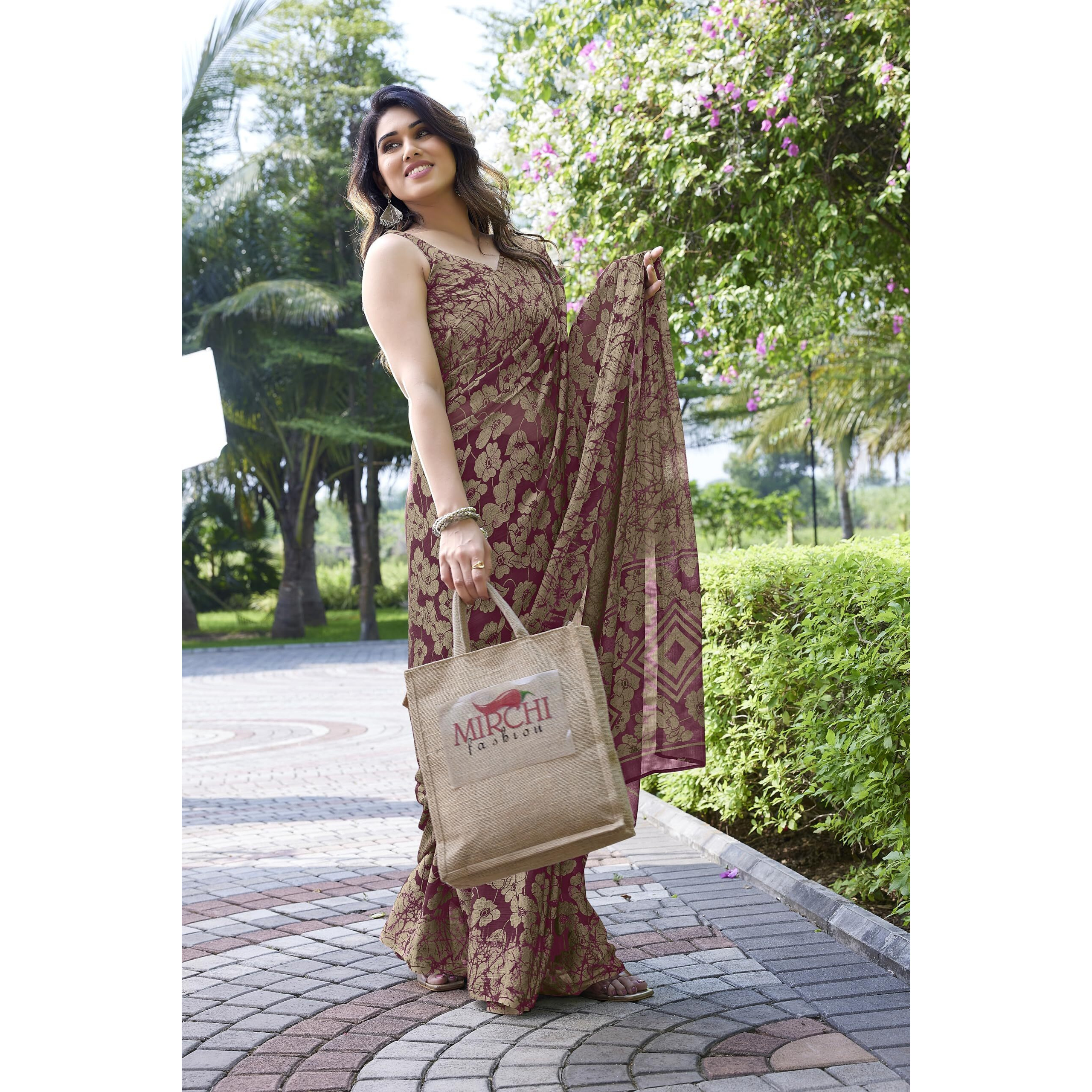 MIRCHI FASHION Womens Chiffon Floral Printed Saree with Blouse Piece (39821-Magenta, Beige)