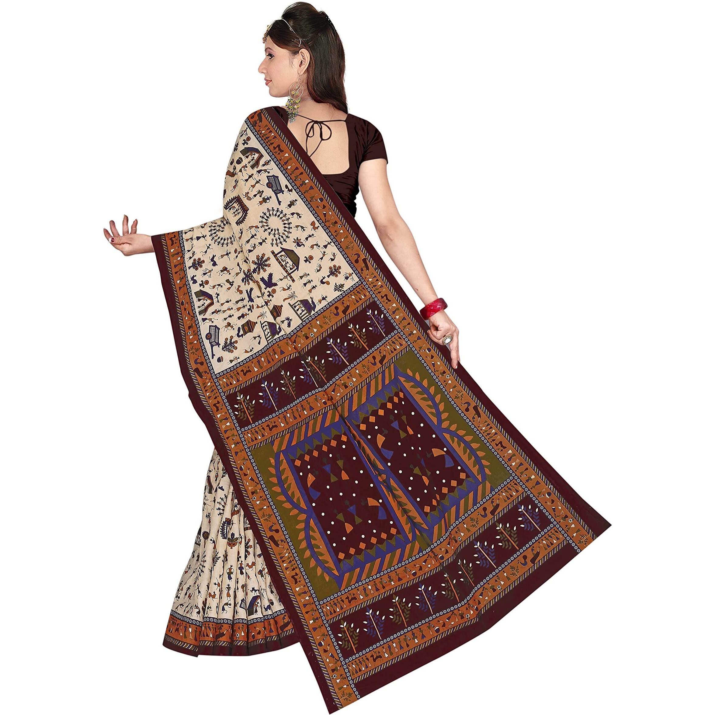 TAMAIRA FASHION Womens Plain Weave Pure Cotton Saree Without Blouse Piece(1560_Beige&DarkChocolate)
