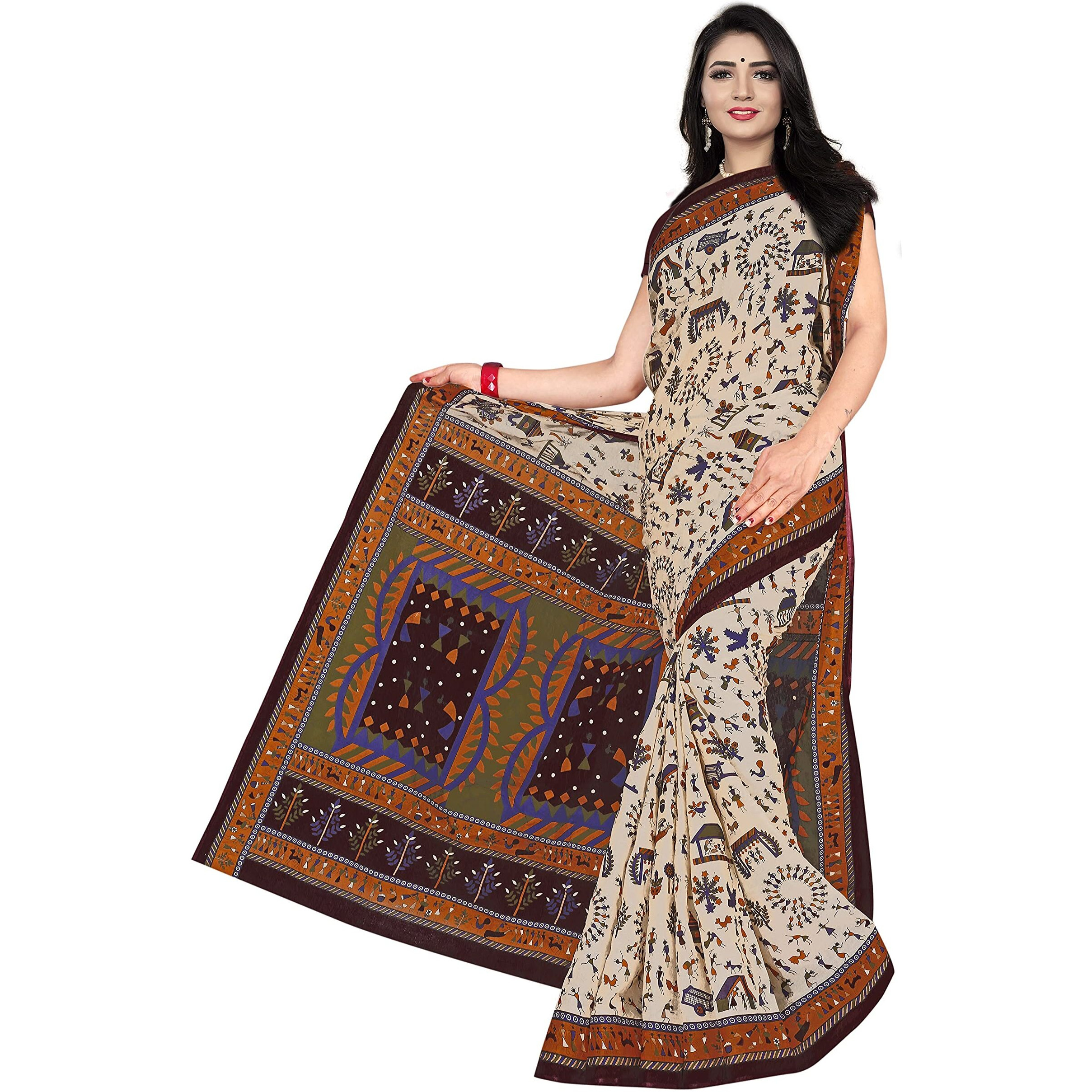 TAMAIRA FASHION Womens Plain Weave Pure Cotton Saree Without Blouse Piece(1560_Beige&DarkChocolate)
