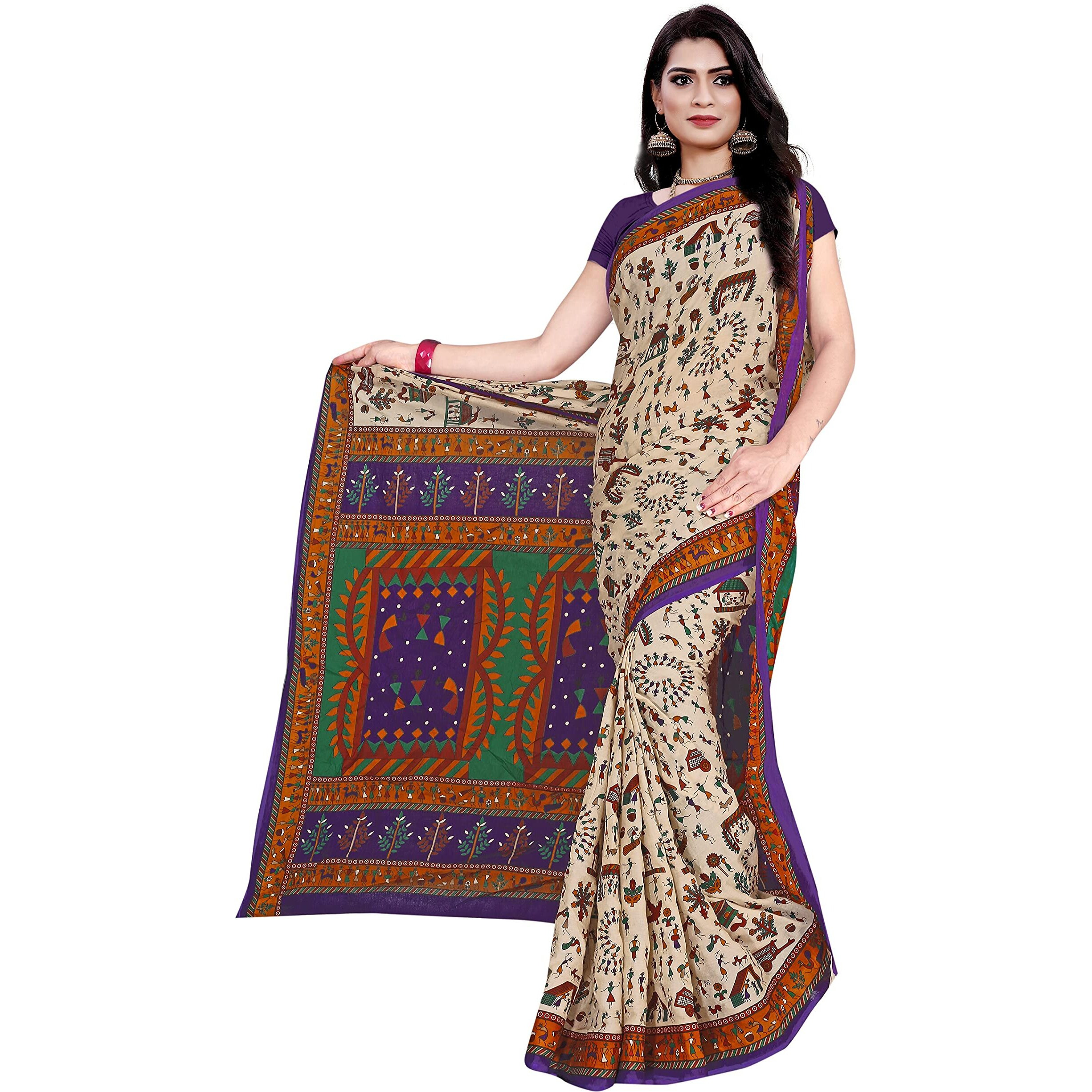 TAMAIRA FASHION Womens Plain Weave Pure Cotton Saree Without Blouse Piece(1560_Beige&Purple)