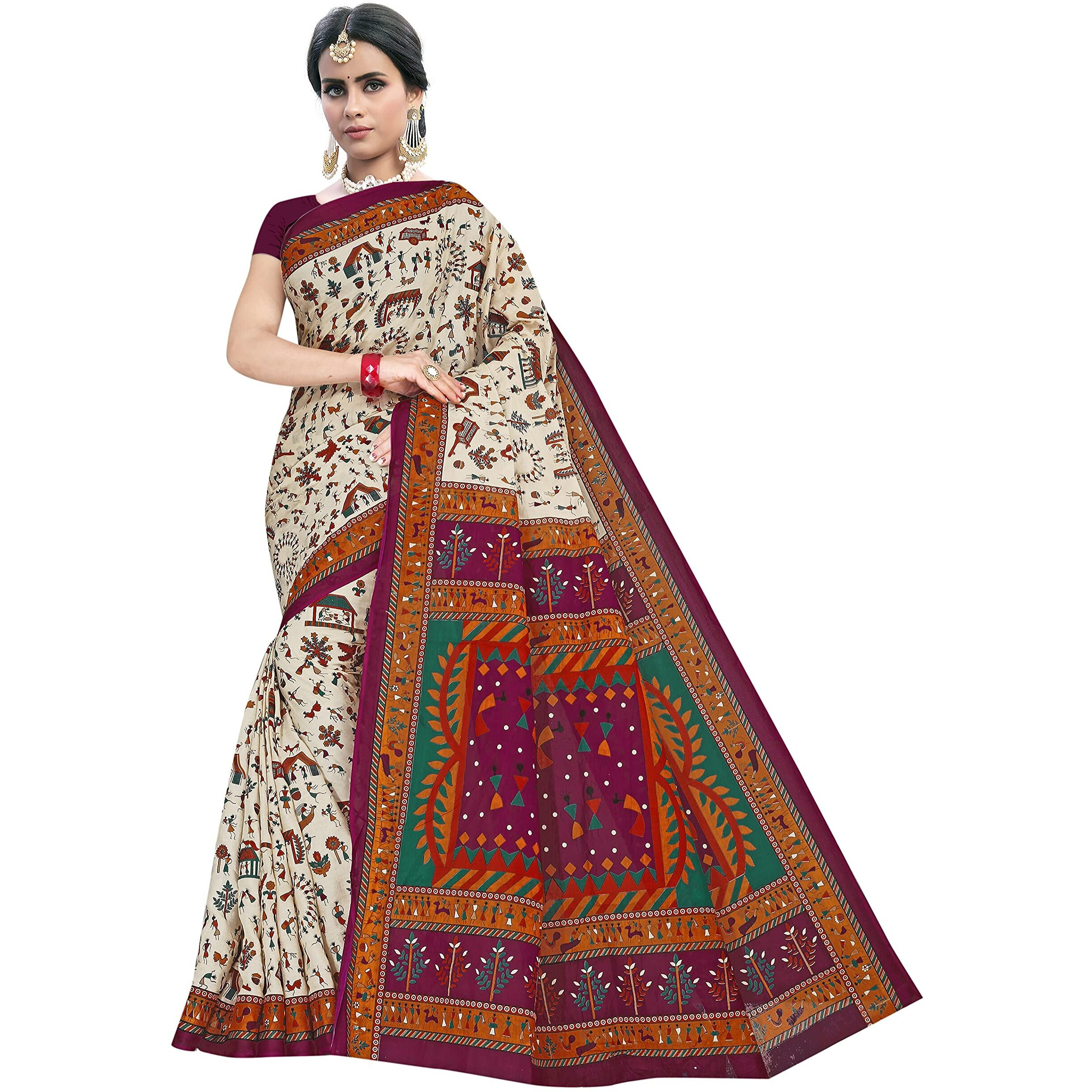 TAMAIRA FASHION Womens Plain Weave Pure Cotton Saree Without Blouse Piece(1560_Beige&Magenta)