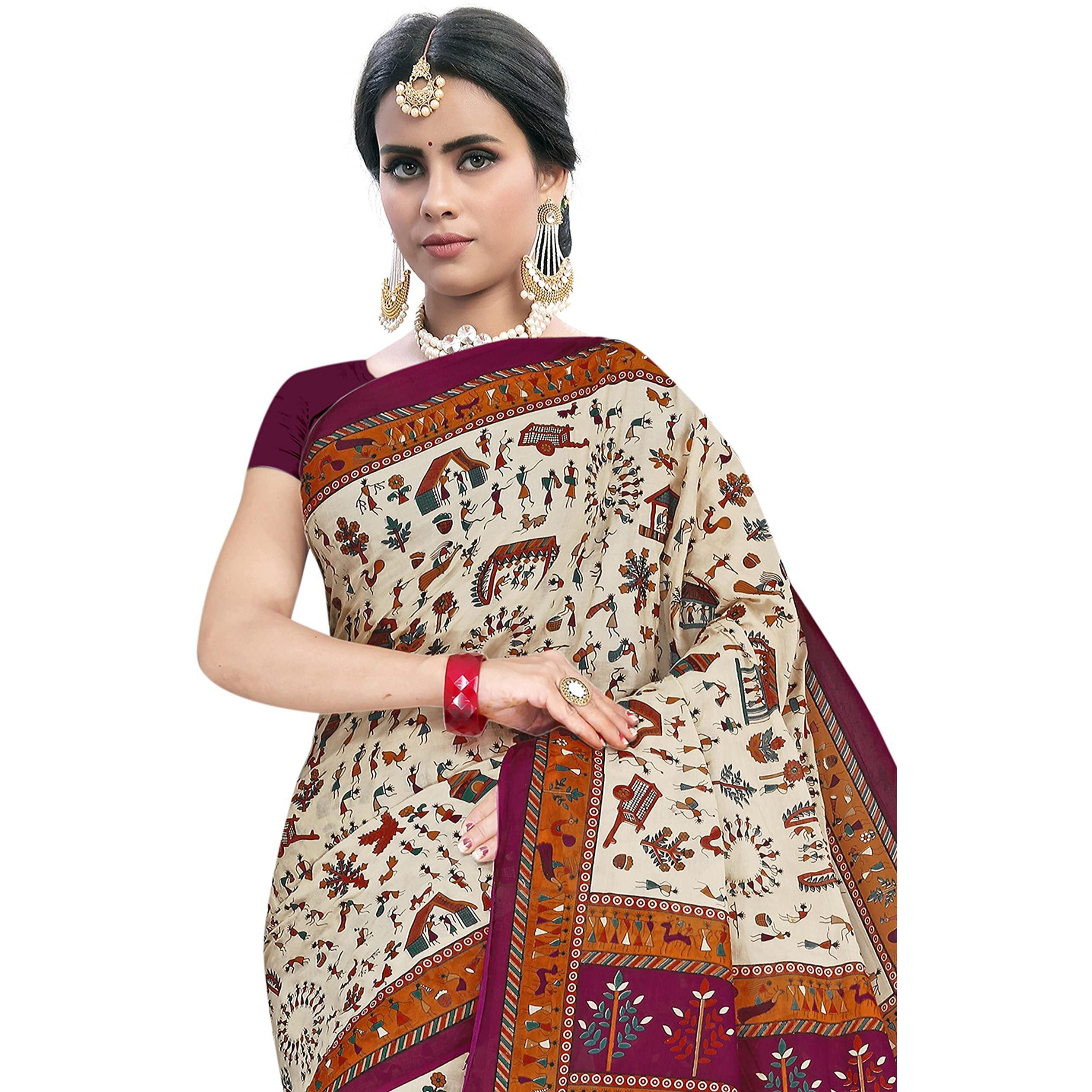 TAMAIRA FASHION Womens Plain Weave Pure Cotton Saree Without Blouse Piece(1560_Beige&Magenta)