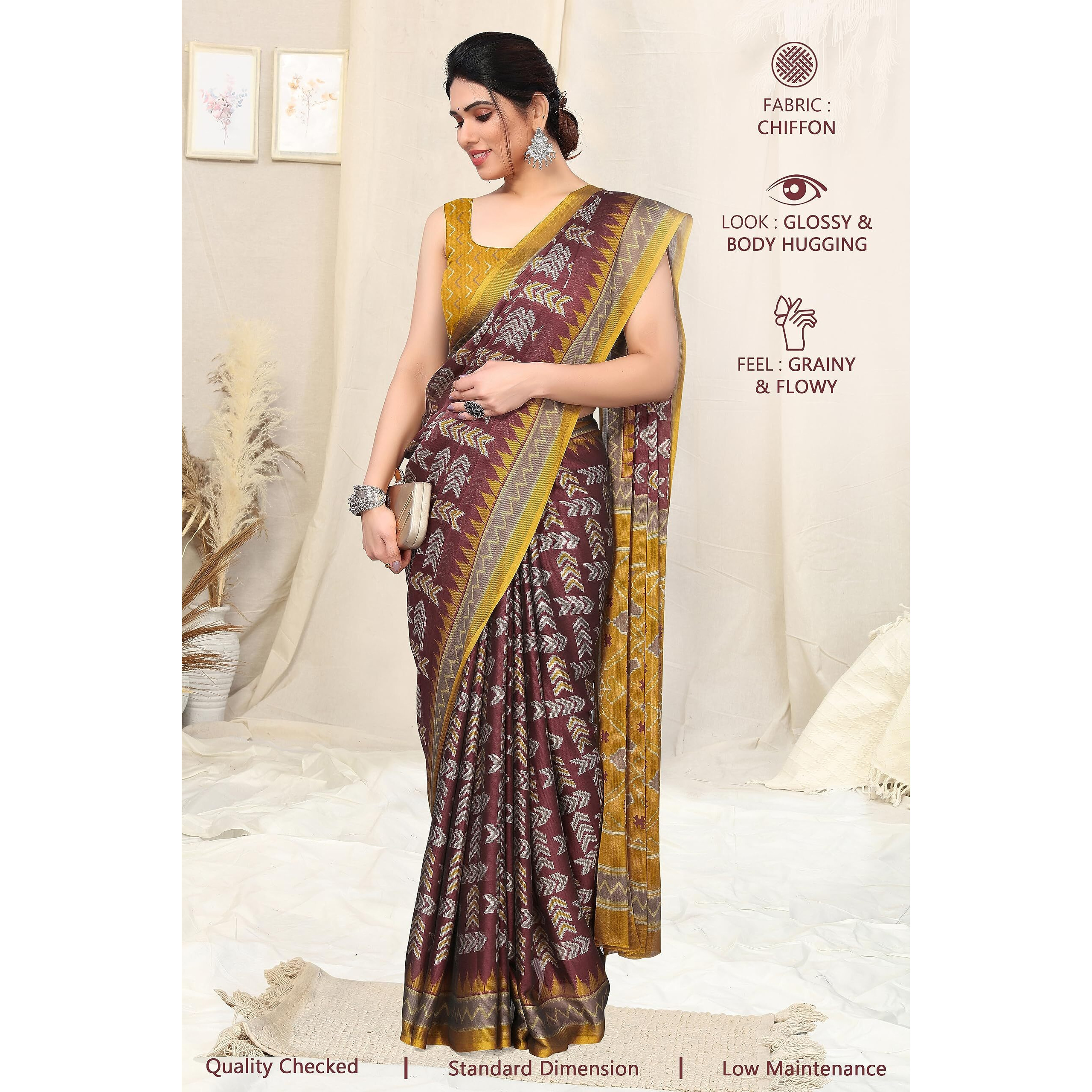MIRCHI FASHION Womens Plain Weave Chiffon Blocks Printed Saree with Blouse Piece (38095-Maroon, Mustard)